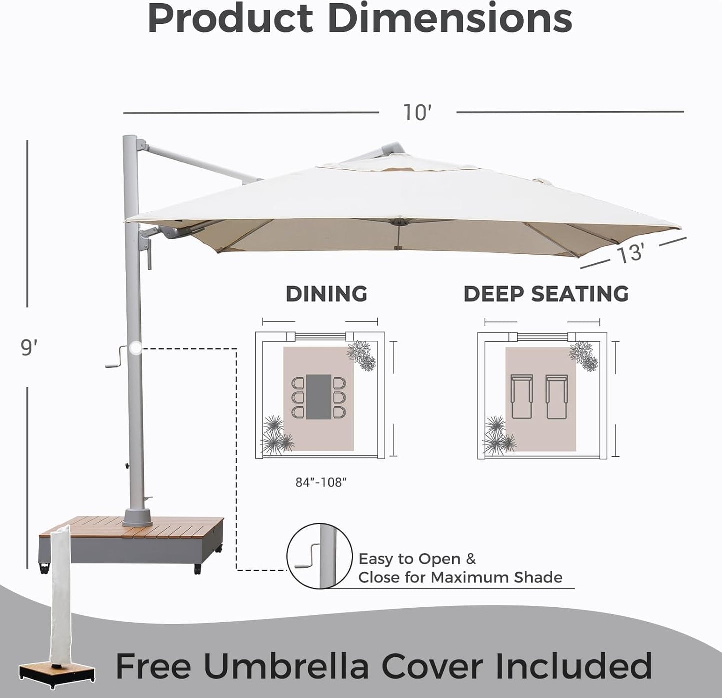 Grand patio 10x13 FT Patio Umbrella with Base, Acrylic Outdoor Cantilever Aluminum Umbrella, 5-Year-Non-Fading Rectangular Offset Umbrella with Cover for Poolside, Deck, Backyard, Gray Pole