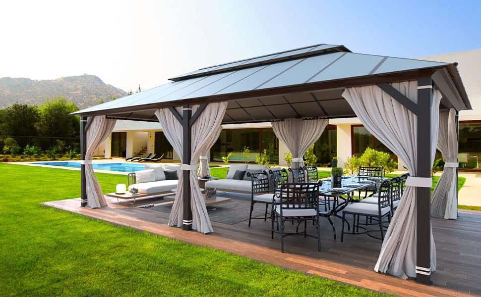 YOLENY 12' x 12' Gazebo Hardtop with Aluminum Frame,Galvanized Steel Double Roof Gazebos with Curtain and Netting,Outdoor Metal Pergolas for Garden, Lawn, Deck, Brown