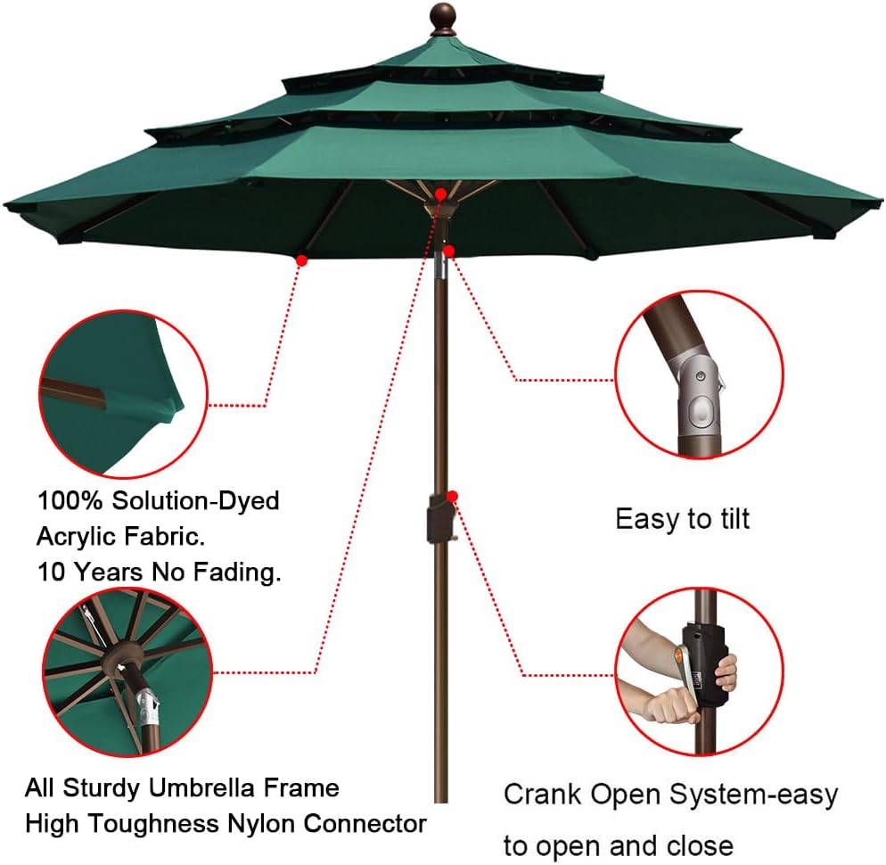 EliteShade USA 10-Year-Non-Fading 9Ft 3 Tiers Market Umbrella Patio Umbrella Outdoor Table Umbrella with Ventilation, Forest Green