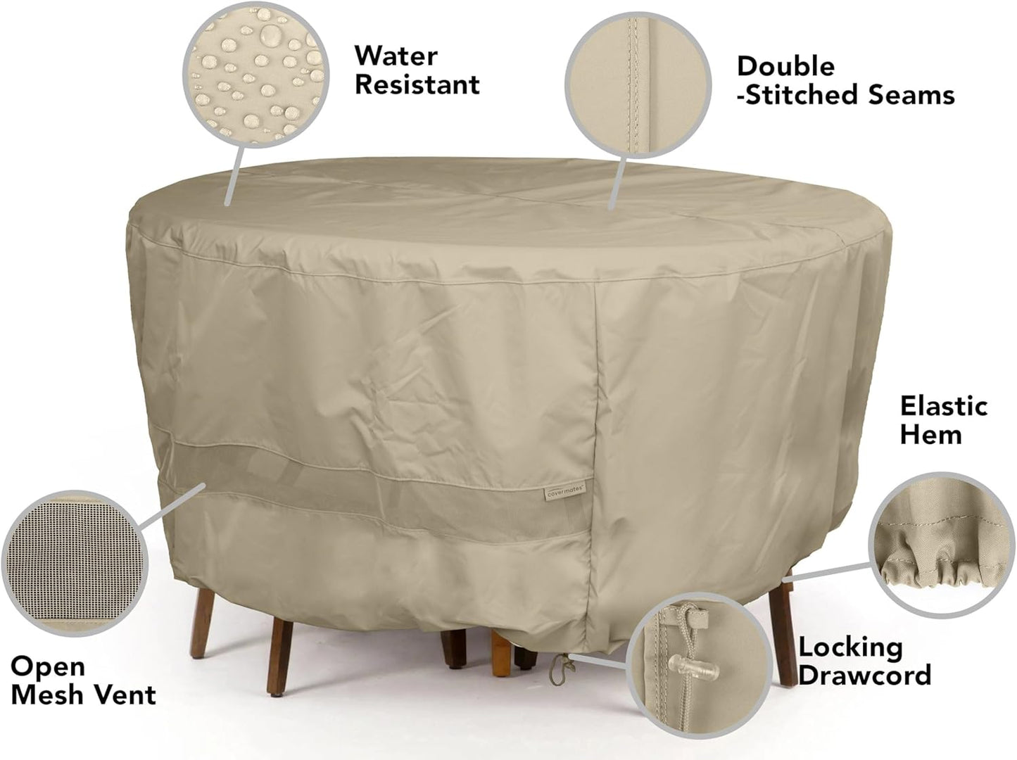 Covermates Round Dining Table Cover - Water-Resistant Polyester, Mesh Ventilation, Patio Table Covers, Round 72DIAMETER x 30H, Khaki