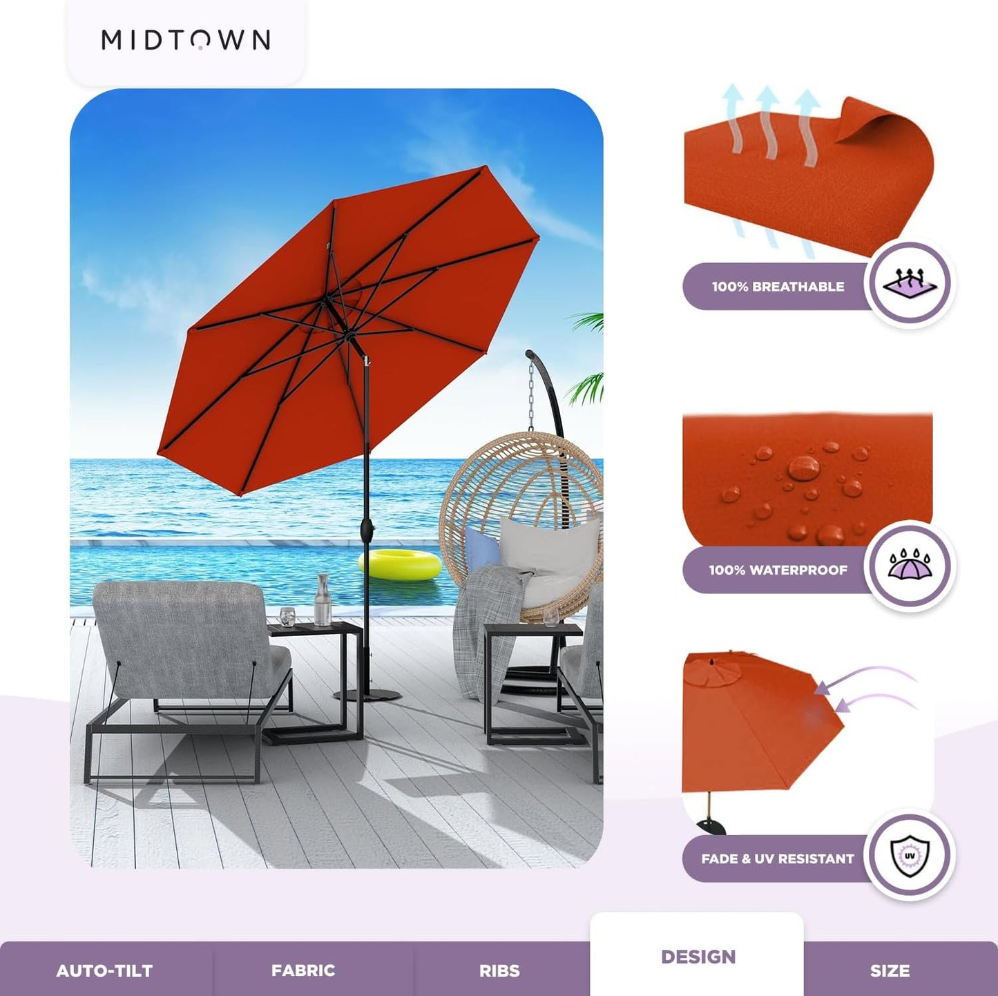 Midtown Umbrellas 10-Year-No-Fade - 10 Ft - UV Proof Apple Red Polyester Fabric - Umbrella Outdoor Patio, Aluminum Frame Large Patio Umbrella for Garden, Pool & Deck - Black Pole