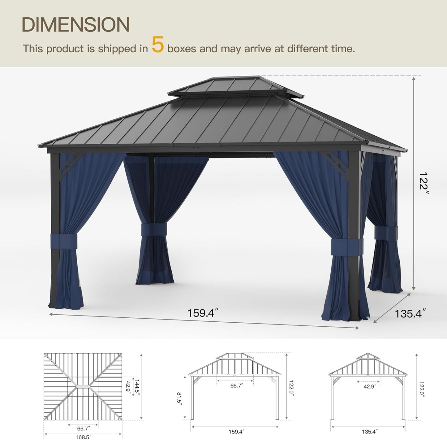 12'x14' Hardtop Gazebo,Double Roof, Outdoor Galvanized Steel Metal Gazebo with Curtains and Netting for Patios, Gardens, Lawns,NavyBlue