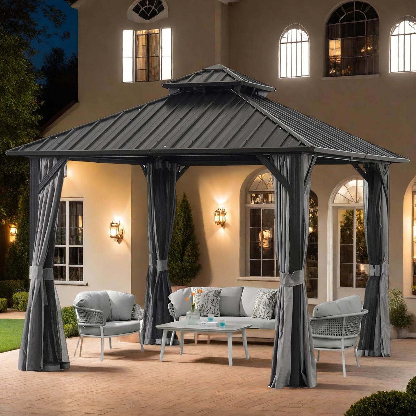 Endark 12x12FT Outdoor Hardtop Double Roof Gazebo with Galvanized Steel Roof, Heavy Duty Metal Frame Canopy with Mosquito Netting and Privacy Curtains (12 * 12FT)