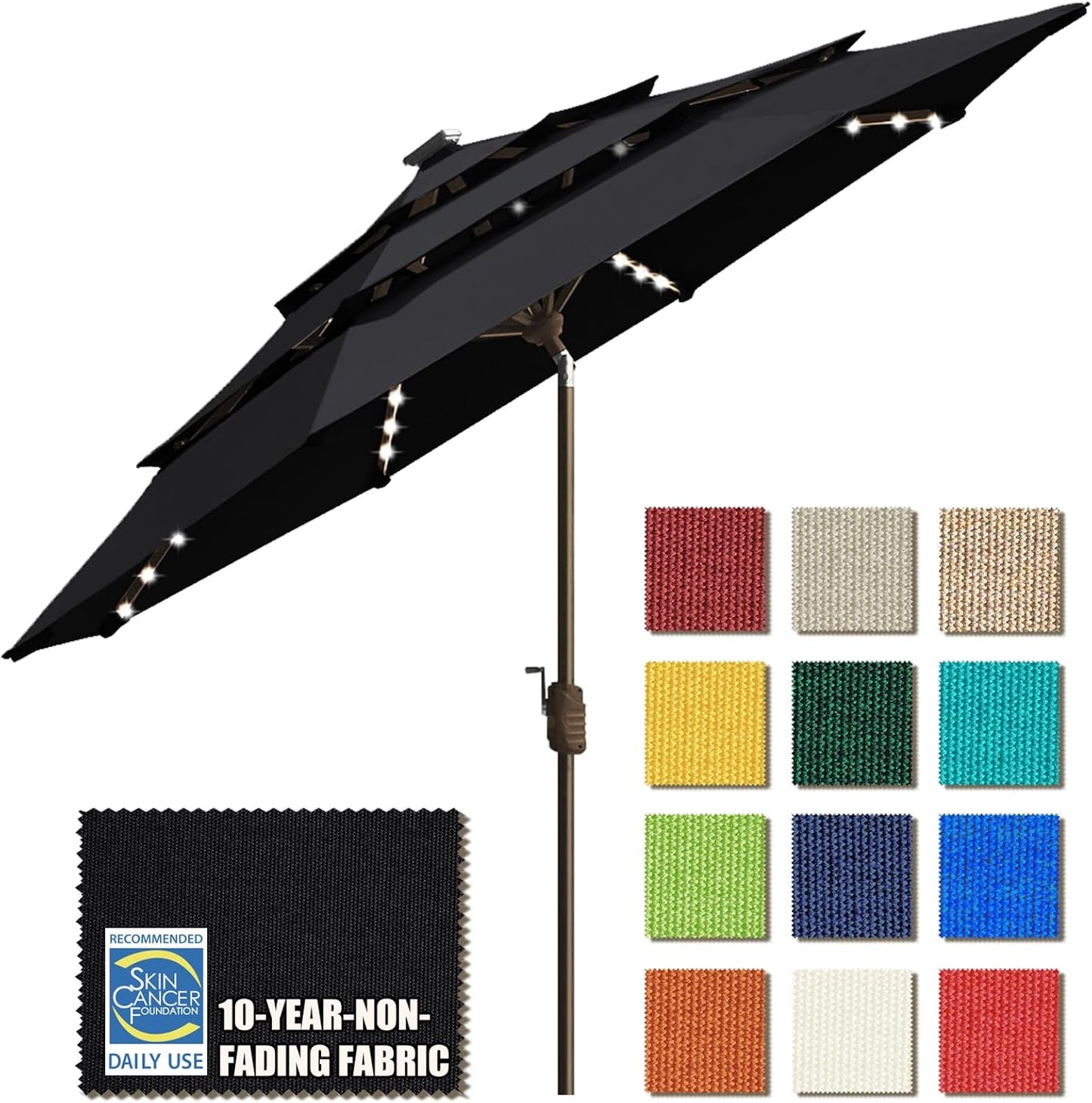 EliteShade USA 10-Year-Non-Fading Solar 9ft 3 Tiers Market Umbrella with 80 LED Lights Patio Umbrellas Outdoor Table with Ventilation,Burgundy