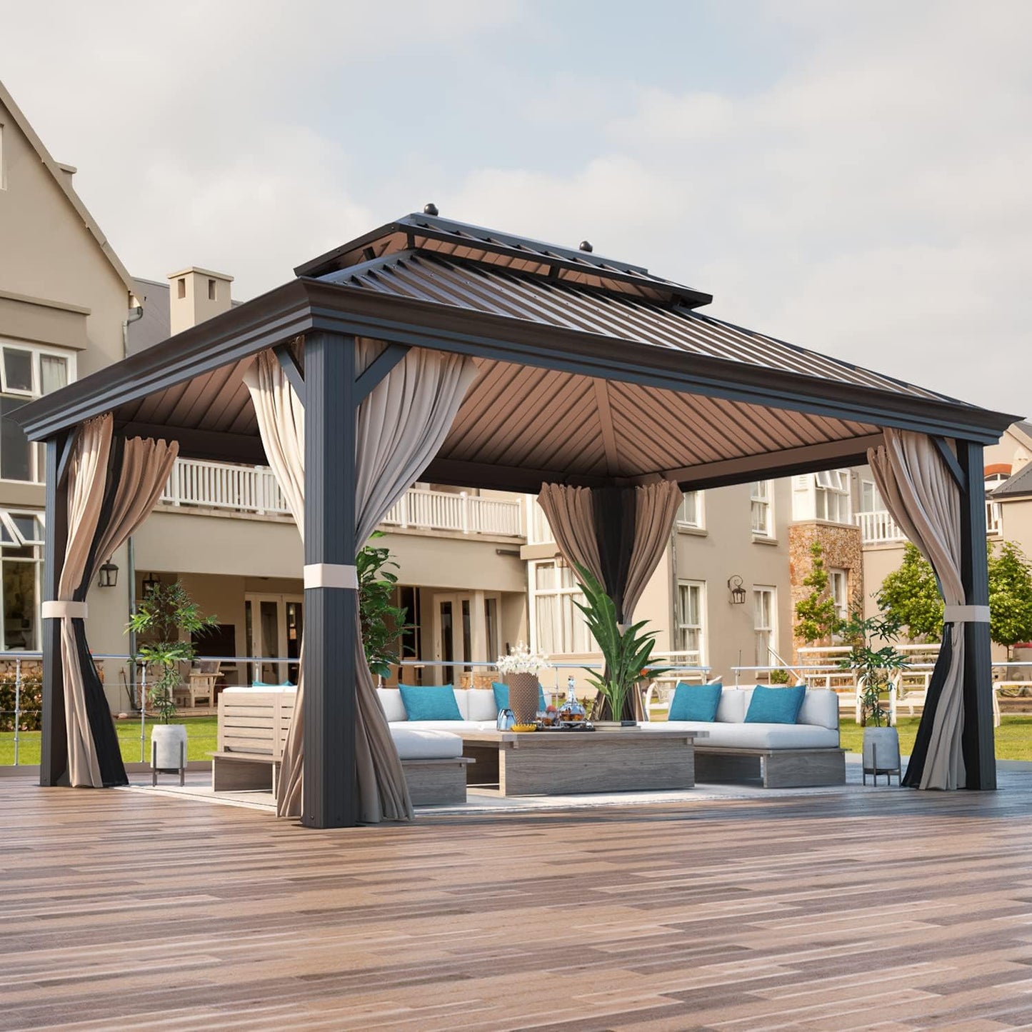 YOLENY 12' x 12' Gazebo Hardtop with Aluminum Frame,Galvanized Steel Double Roof Gazebos with Curtain and Netting,Outdoor Metal Pergolas for Garden, Lawn, Deck, Brown