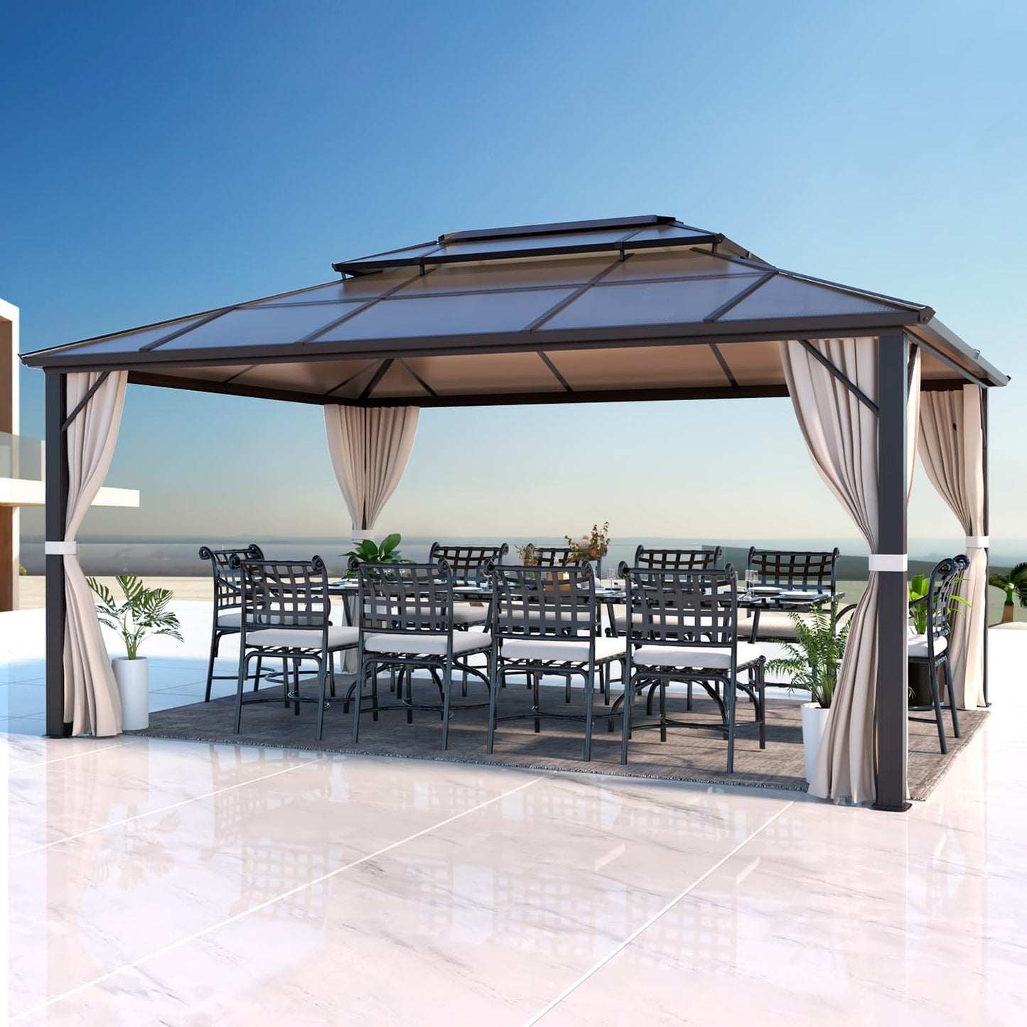 EROMMY 10' x 12' Hardtop Gazebo, Aluminum Frame Gazebos with Galvanized Steel Double Roof, Permanent Outdoor Metal Pavilion with Curtain and Netting for Patio, Lawn, Deck