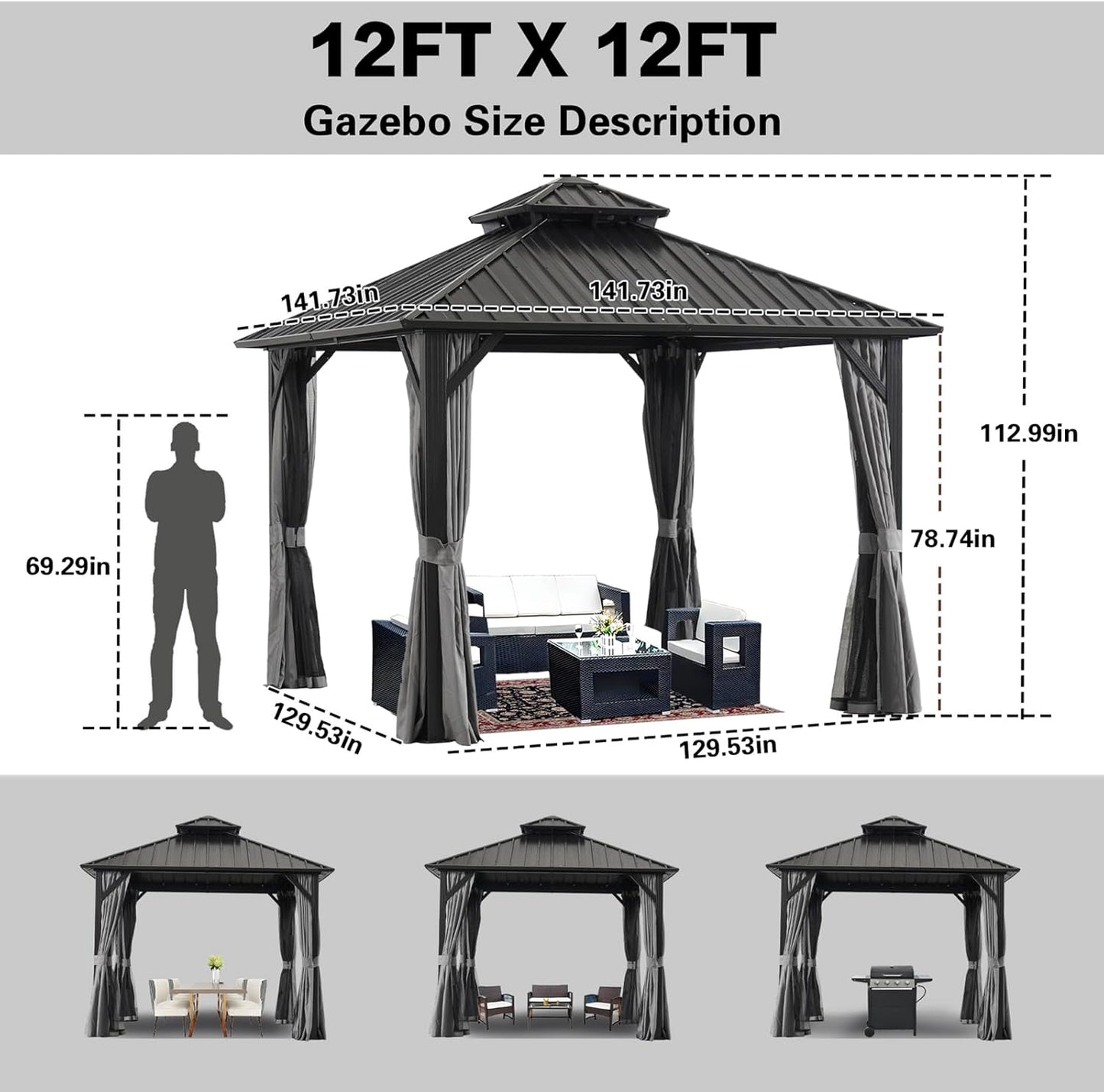 Endark 12x12FT Outdoor Hardtop Double Roof Gazebo with Galvanized Steel Roof, Heavy Duty Metal Frame Canopy with Mosquito Netting and Privacy Curtains (12 * 12FT)