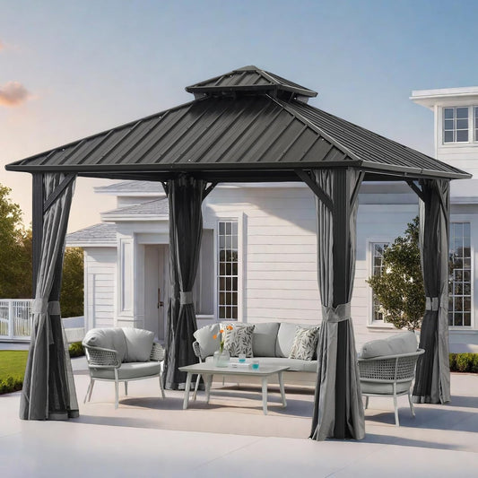 Endark 12x12FT Outdoor Hardtop Double Roof Gazebo with Galvanized Steel Roof, Heavy Duty Metal Frame Canopy with Mosquito Netting and Privacy Curtains (12 * 12FT)