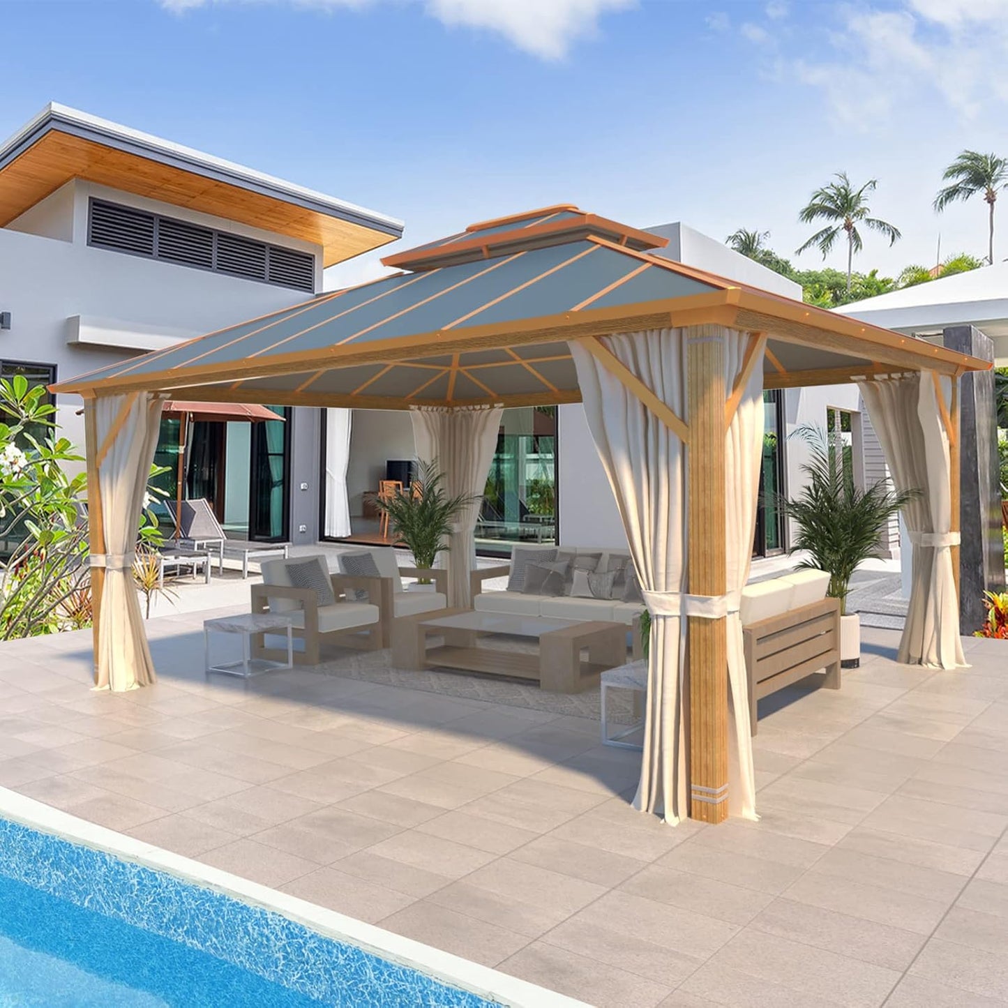 YOLENY 12' x 12' Gazebo Hardtop with Aluminum Frame,Galvanized Steel Double Roof Gazebos with Curtain and Netting,Outdoor Metal Pergolas for Garden, Lawn, Deck, Brown