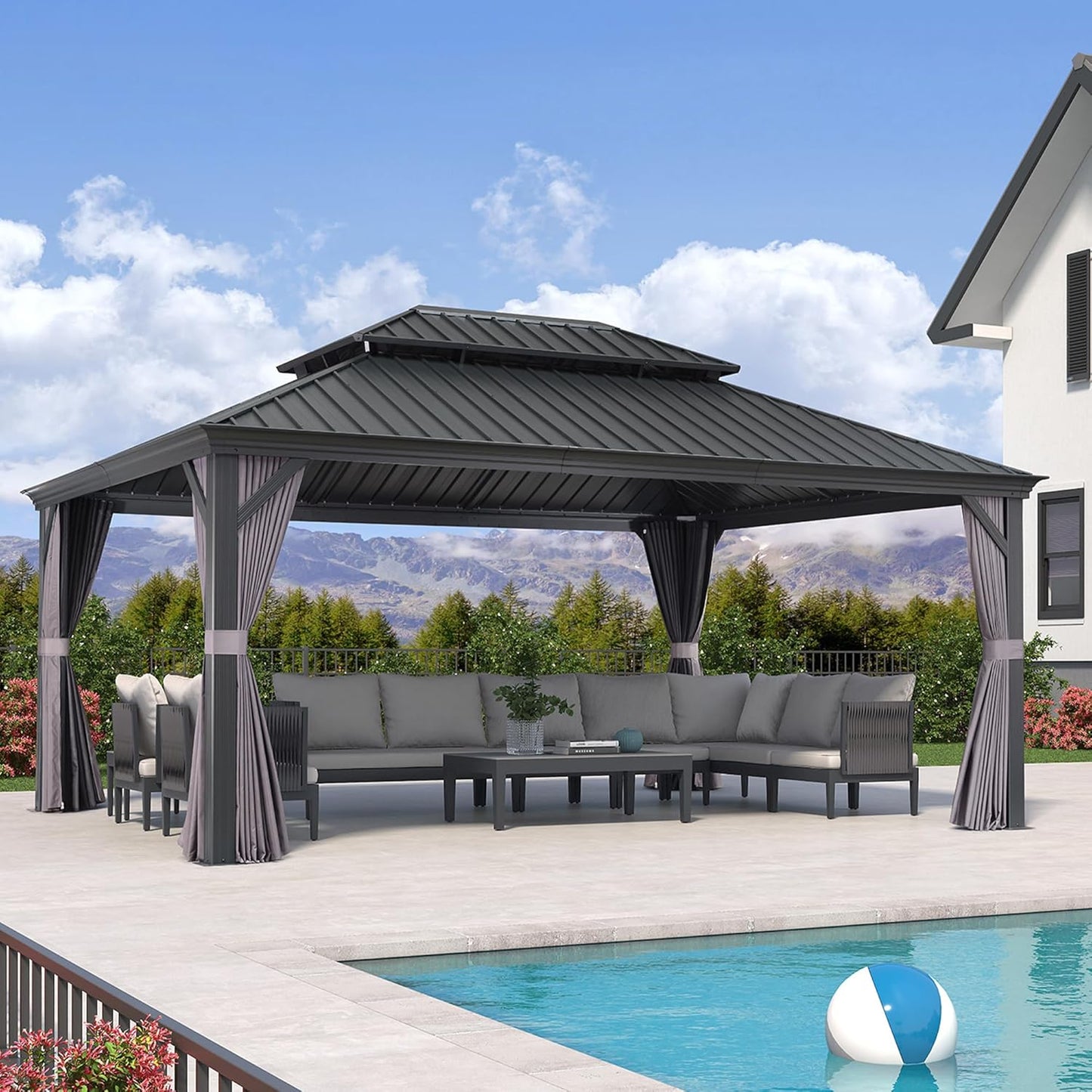 PURPLE LEAF 12' X 20' Permanent Hardtop Gazebo Aluminum Gazebo with Galvanized Steel Double Roof for Patio Lawn and Garden, Curtains and Netting Included, Grey