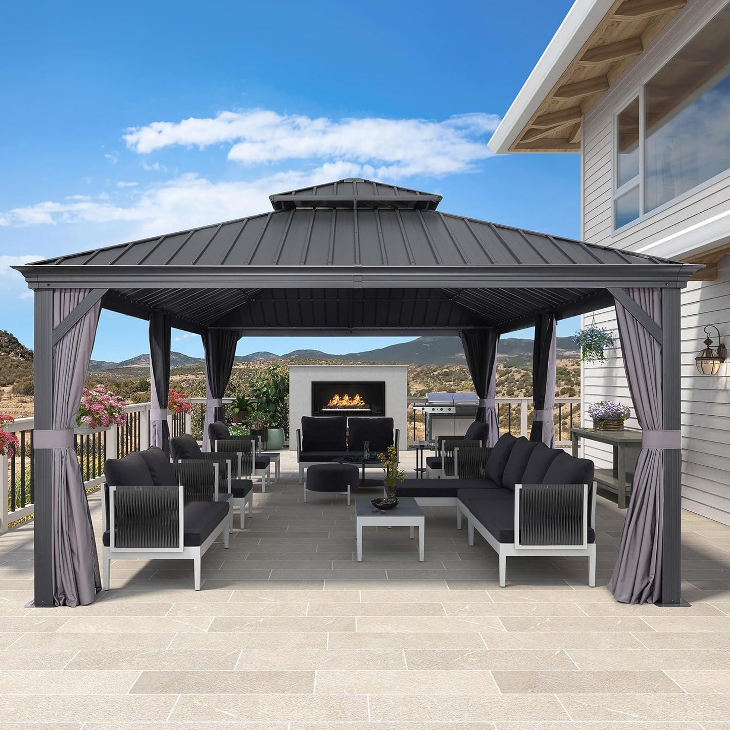 PURPLE LEAF 12' X 20' Permanent Hardtop Gazebo Aluminum Gazebo with Galvanized Steel Double Roof for Patio Lawn and Garden, Curtains and Netting Included, Grey