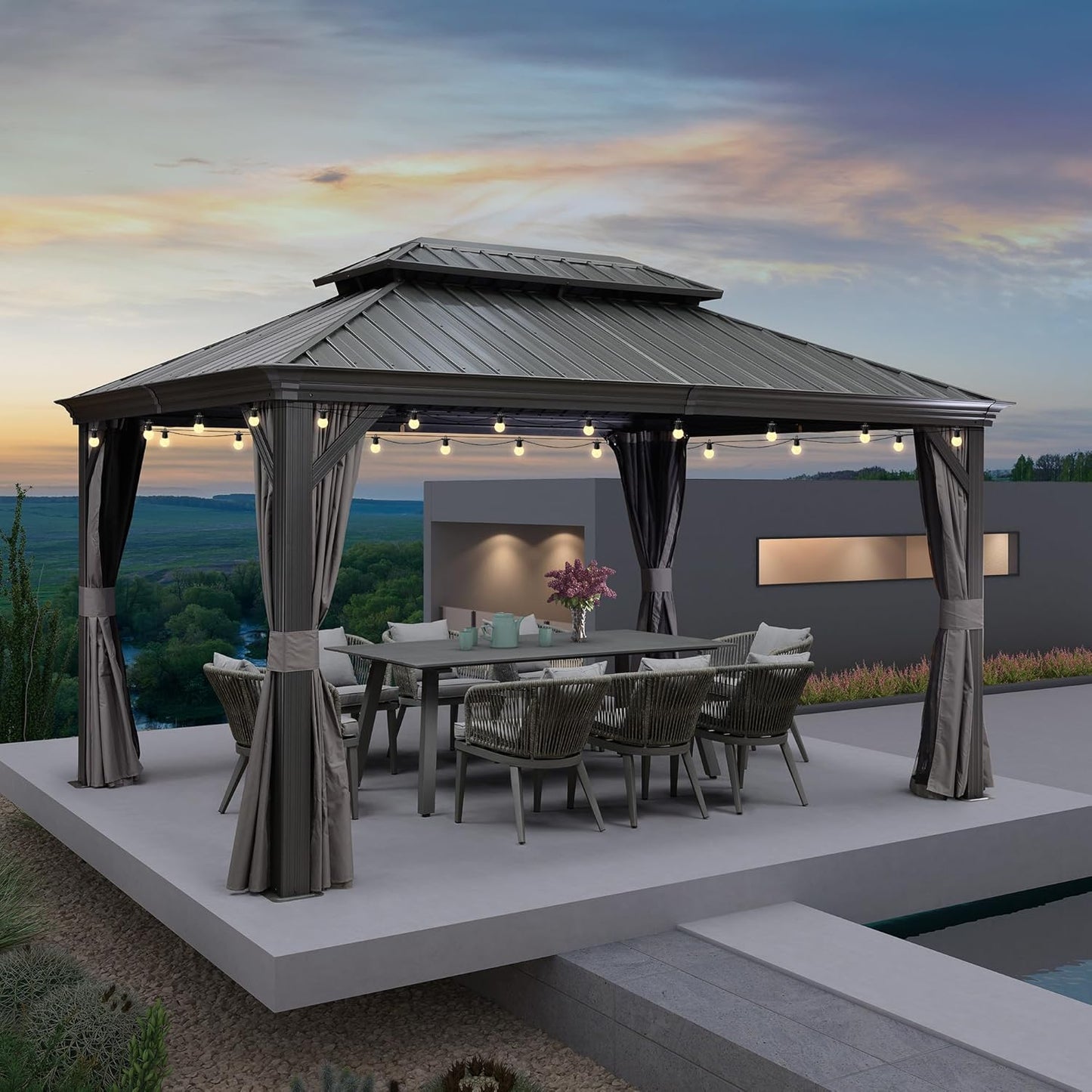 PURPLE LEAF 12' X 20' Permanent Hardtop Gazebo Aluminum Gazebo with Galvanized Steel Double Roof for Patio Lawn and Garden, Curtains and Netting Included, Grey