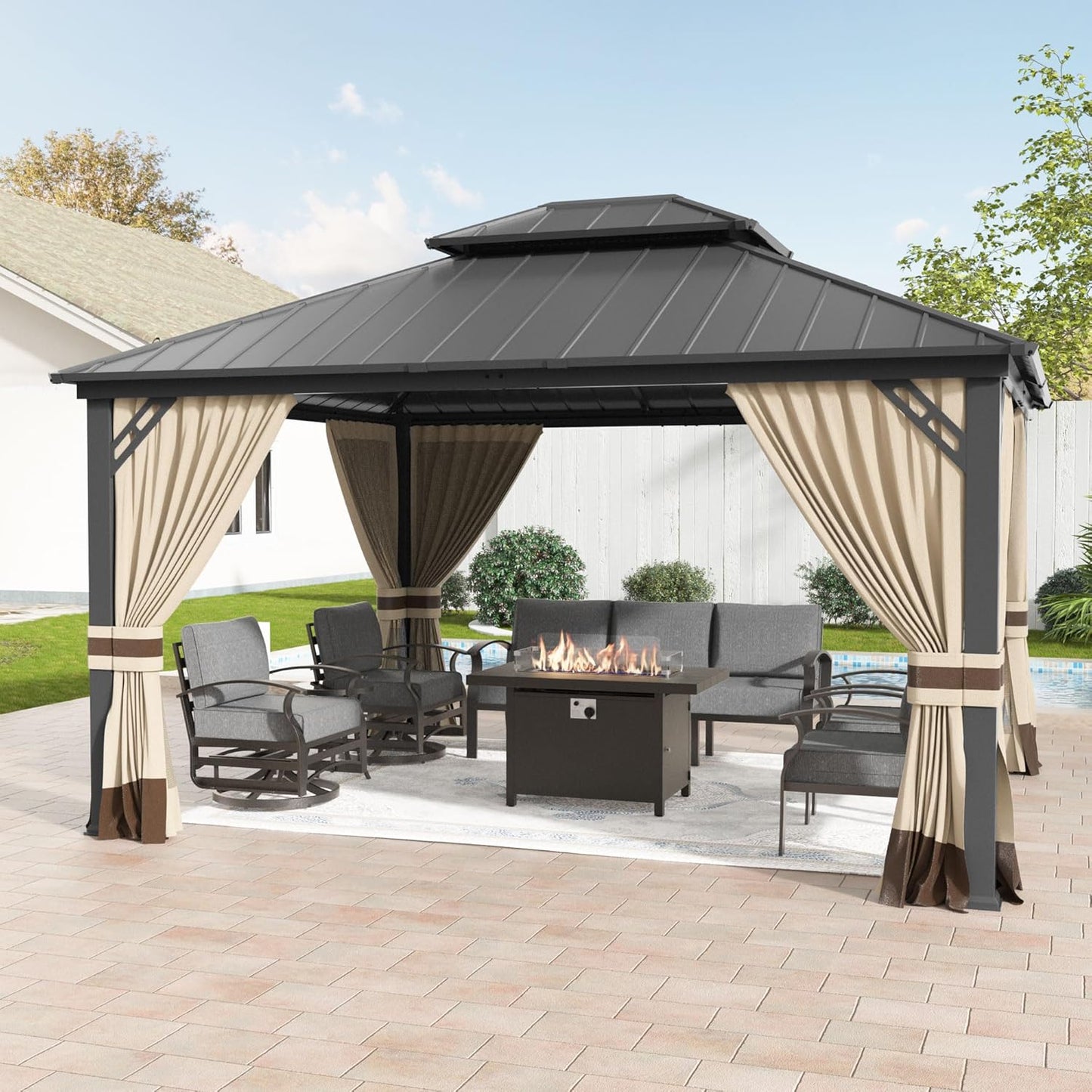 12'x14' Hardtop Gazebo,Double Roof, Outdoor Galvanized Steel Metal Gazebo with Curtains and Netting for Patios, Gardens, Lawns,NavyBlue