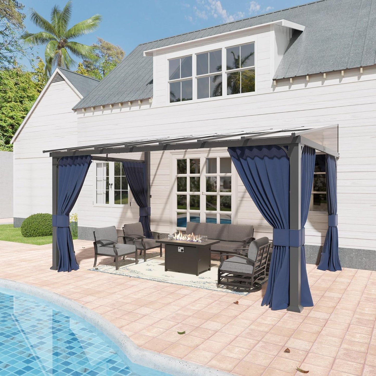12'x14' Hardtop Gazebo,Double Roof, Outdoor Galvanized Steel Metal Gazebo with Curtains and Netting for Patios, Gardens, Lawns,NavyBlue