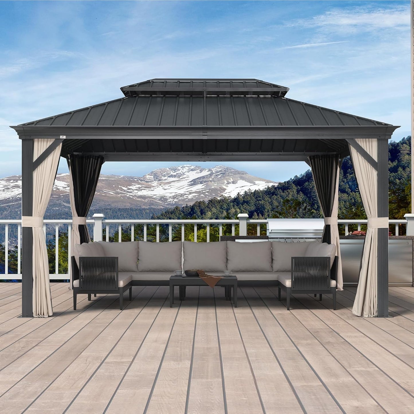 PURPLE LEAF 12' X 20' Permanent Hardtop Gazebo Aluminum Gazebo with Galvanized Steel Double Roof for Patio Lawn and Garden, Curtains and Netting Included, Grey