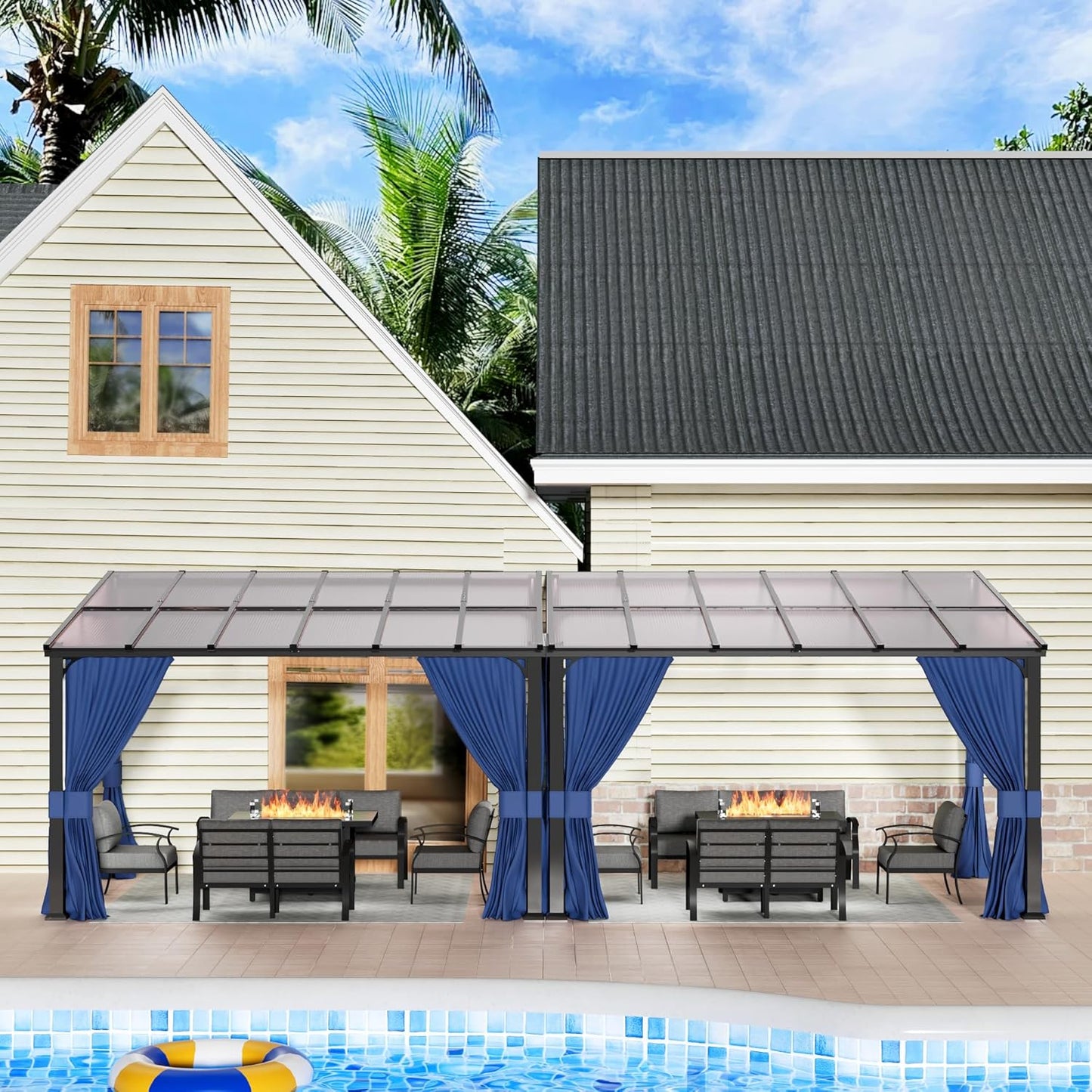 12'x14' Hardtop Gazebo,Double Roof, Outdoor Galvanized Steel Metal Gazebo with Curtains and Netting for Patios, Gardens, Lawns,NavyBlue
