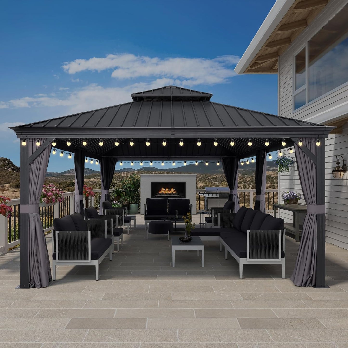 PURPLE LEAF 12' X 20' Permanent Hardtop Gazebo Aluminum Gazebo with Galvanized Steel Double Roof for Patio Lawn and Garden, Curtains and Netting Included, Grey
