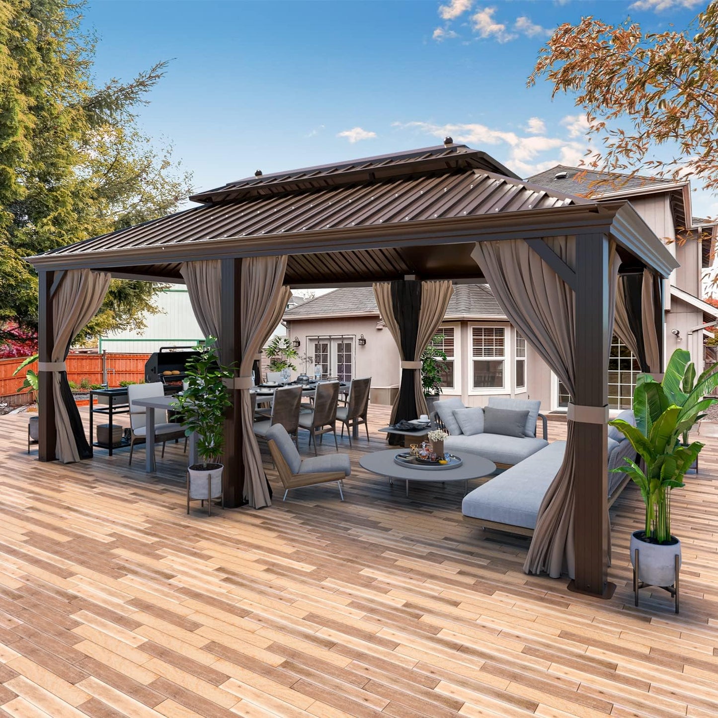 YOLENY 12' x 12' Gazebo Hardtop with Aluminum Frame,Galvanized Steel Double Roof Gazebos with Curtain and Netting,Outdoor Metal Pergolas for Garden, Lawn, Deck, Brown