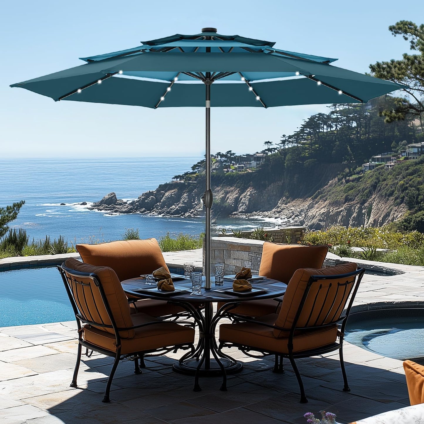 GREEN PARTY 10ft Outdoor Patio Umbrella, Auto-Tilt Market Table Umbrellas with Crank, 8 Sturdy Ribs & 1.5" Pole UV Protection for Garden Deck Backyard Pool