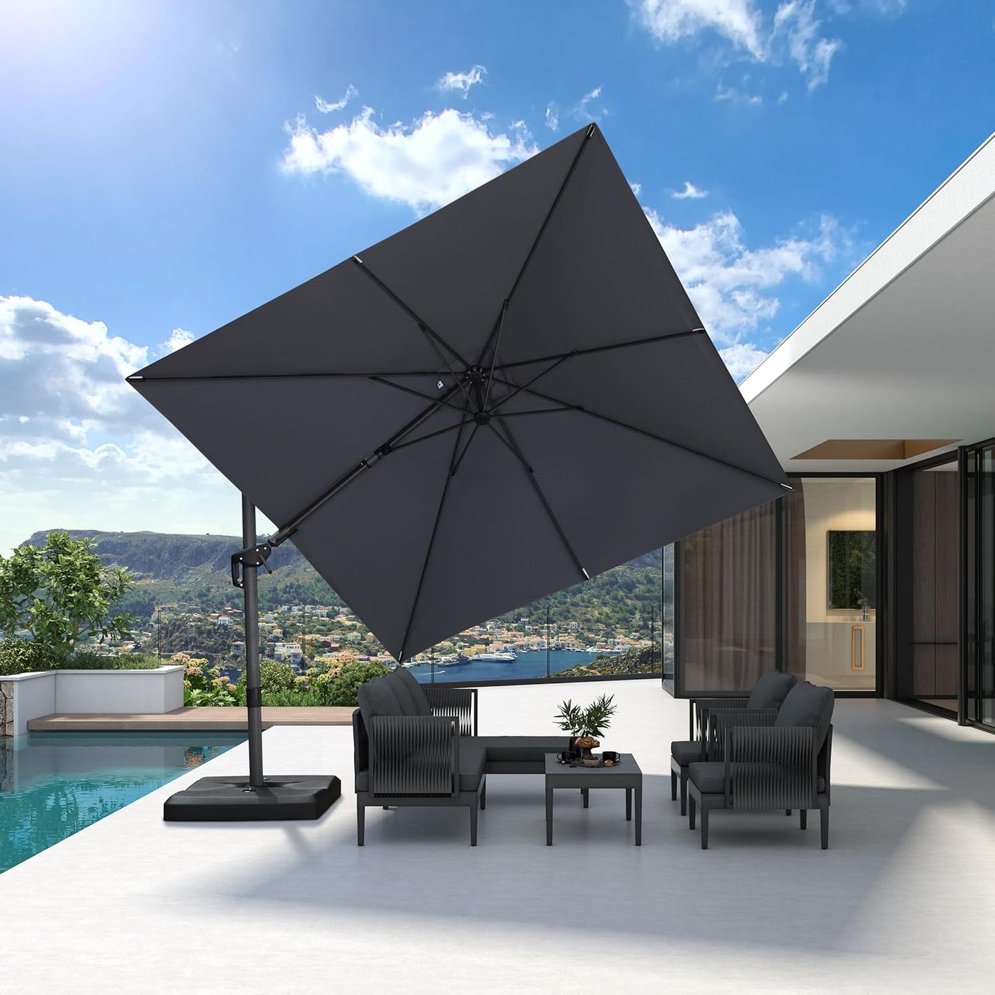 PURPLE LEAF 9' X 11.5' Patio Umbrella Outdoor Cantilever Rectangle Umbrella Aluminum Offset Umbrella with 360-degree Rotation for Garden Deck Pool Patio, Navy Blue