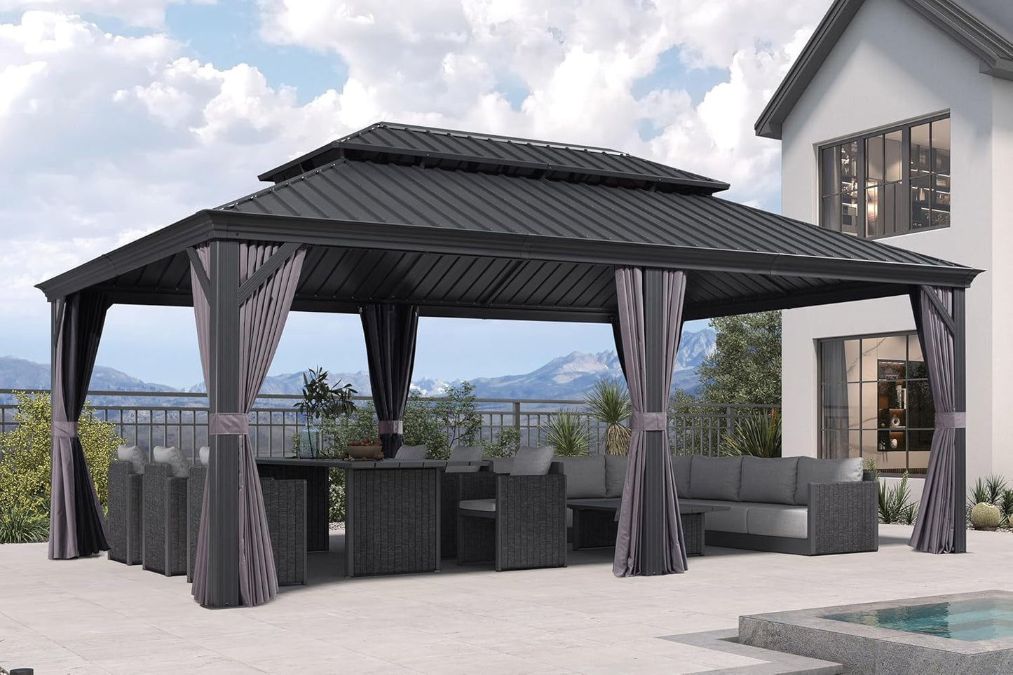 PURPLE LEAF 12' X 20' Permanent Hardtop Gazebo Aluminum Gazebo with Galvanized Steel Double Roof for Patio Lawn and Garden, Curtains and Netting Included, Grey