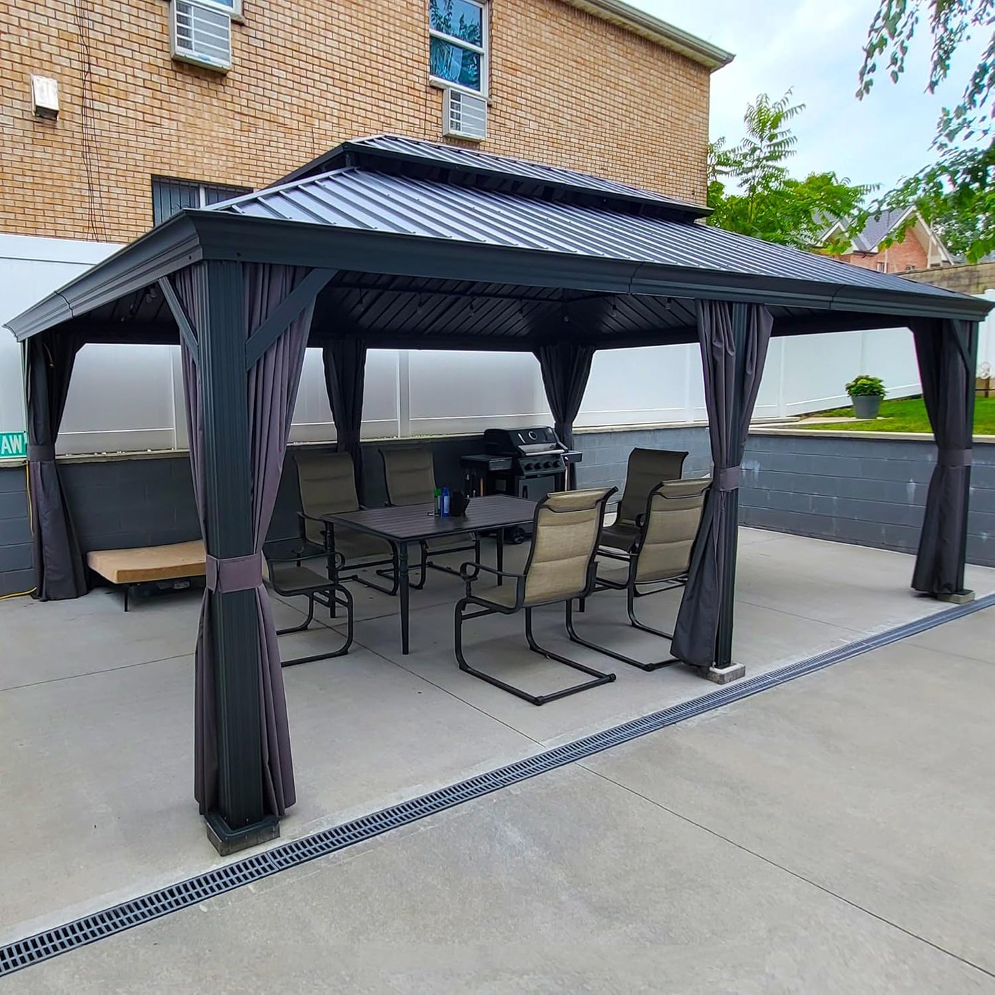 PURPLE LEAF 12' X 20' Permanent Hardtop Gazebo Aluminum Gazebo with Galvanized Steel Double Roof for Patio Lawn and Garden, Curtains and Netting Included, Grey
