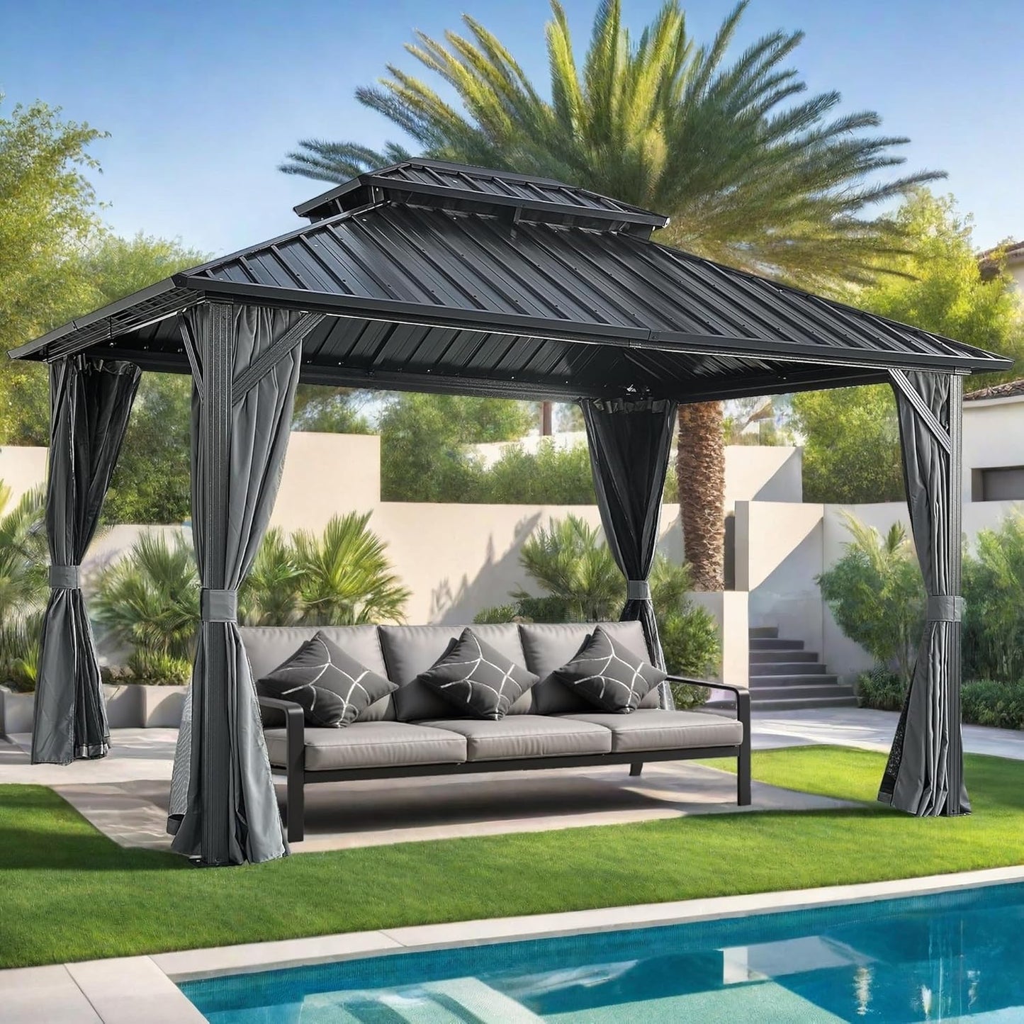 Endark 12x12FT Outdoor Hardtop Double Roof Gazebo with Galvanized Steel Roof, Heavy Duty Metal Frame Canopy with Mosquito Netting and Privacy Curtains (12 * 12FT)