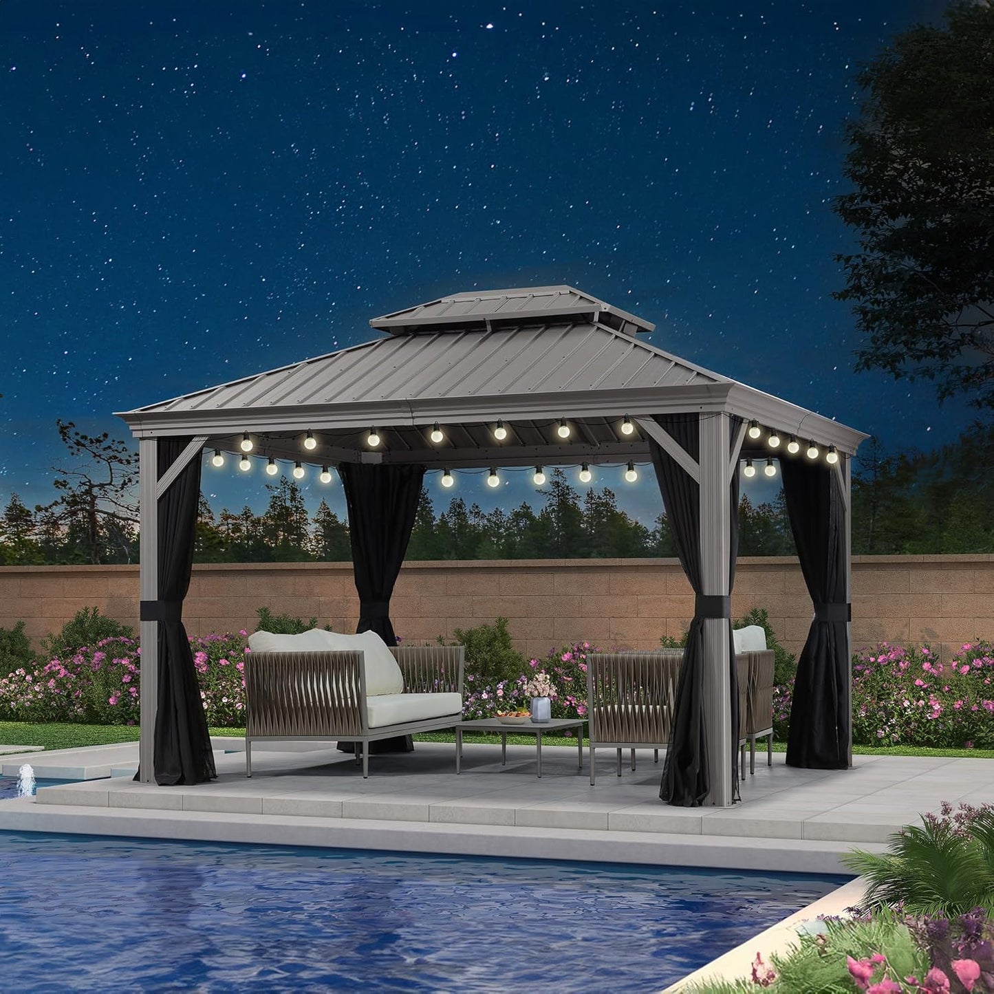 PURPLE LEAF 11' x 13' Permanent Hardtop Gazebo with Galvanized Steel Double Roof and Aluminum Frames Outdoor Large Pavilion Gazebo for Patio Deck Garden, Netting and Curtains Included, Light Grey