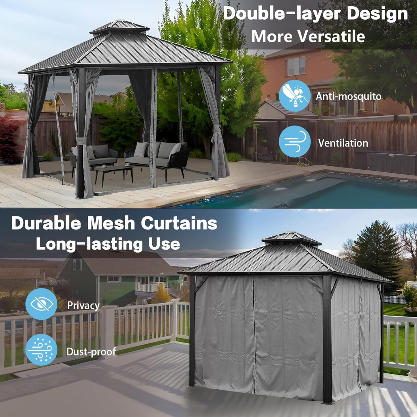 Endark 12x12FT Outdoor Hardtop Double Roof Gazebo with Galvanized Steel Roof, Heavy Duty Metal Frame Canopy with Mosquito Netting and Privacy Curtains (12 * 12FT)