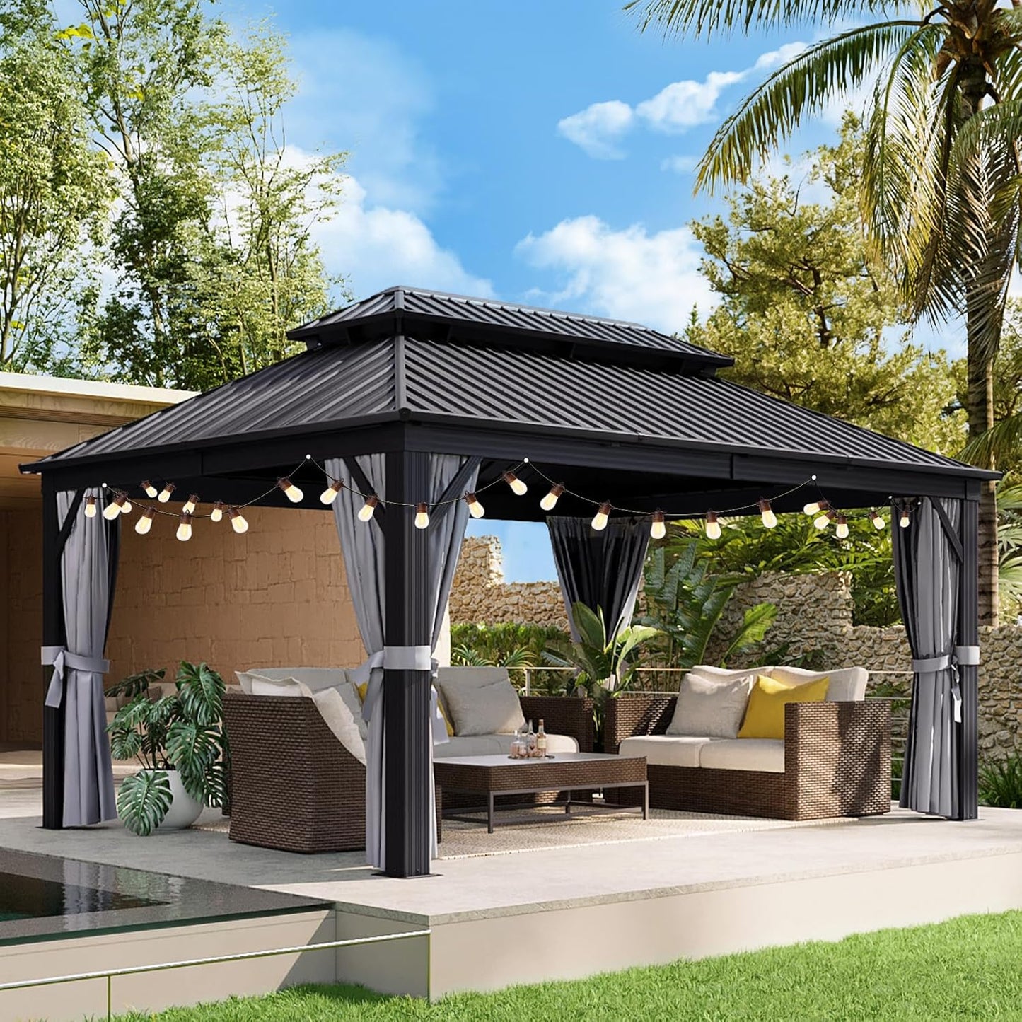 Aoxun Hardtop Gazebo 10x12, Aluminum Frame Canopy with Double Galvanized Steel Roof, Outdoor Gazebo with Breathable Netting and Privacy Curtain for Backyard