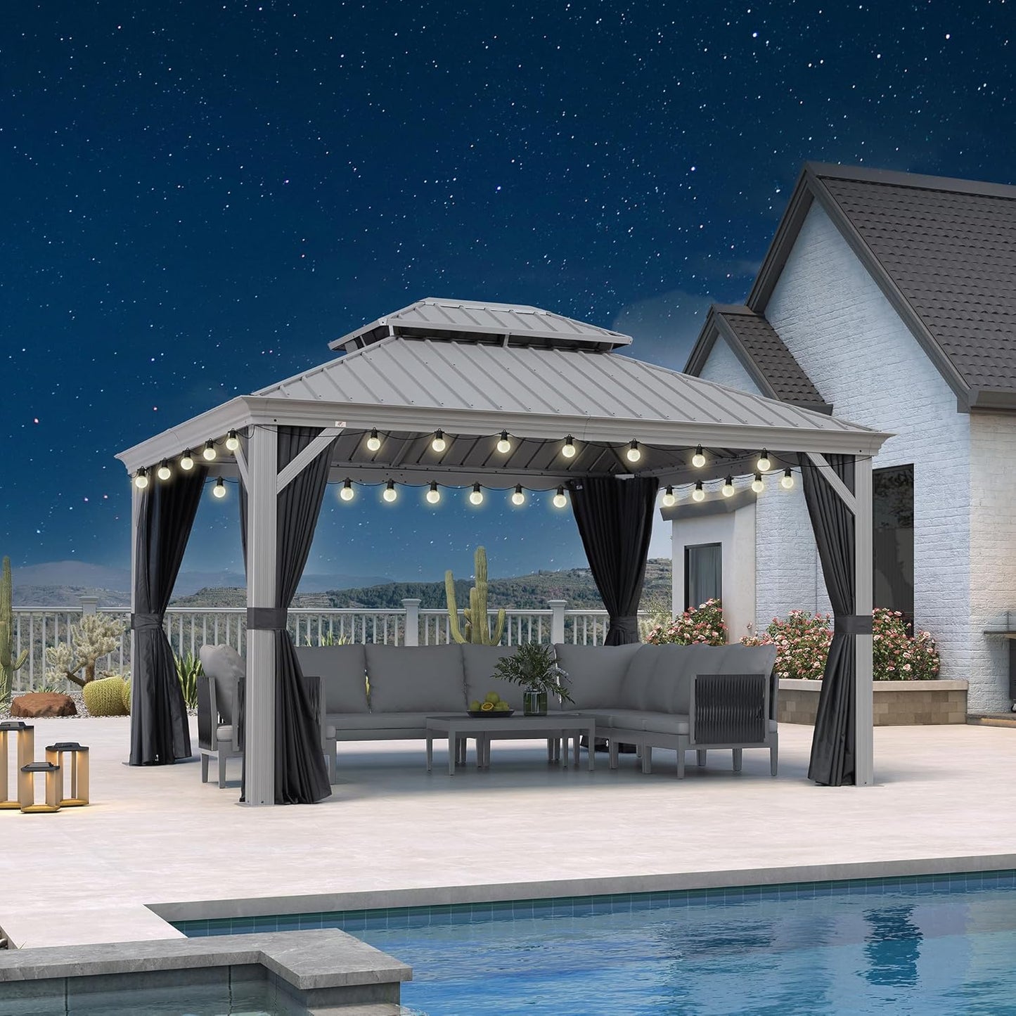 PURPLE LEAF 11' x 13' Permanent Hardtop Gazebo with Galvanized Steel Double Roof and Aluminum Frames Outdoor Large Pavilion Gazebo for Patio Deck Garden, Netting and Curtains Included, Light Grey