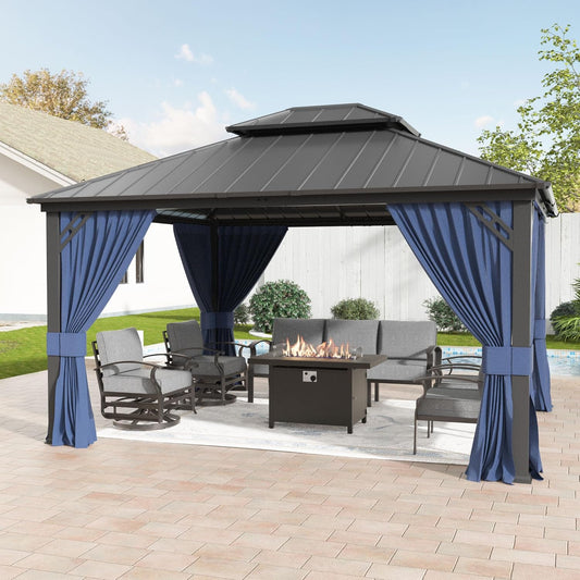 12'x14' Hardtop Gazebo,Double Roof, Outdoor Galvanized Steel Metal Gazebo with Curtains and Netting for Patios, Gardens, Lawns,NavyBlue