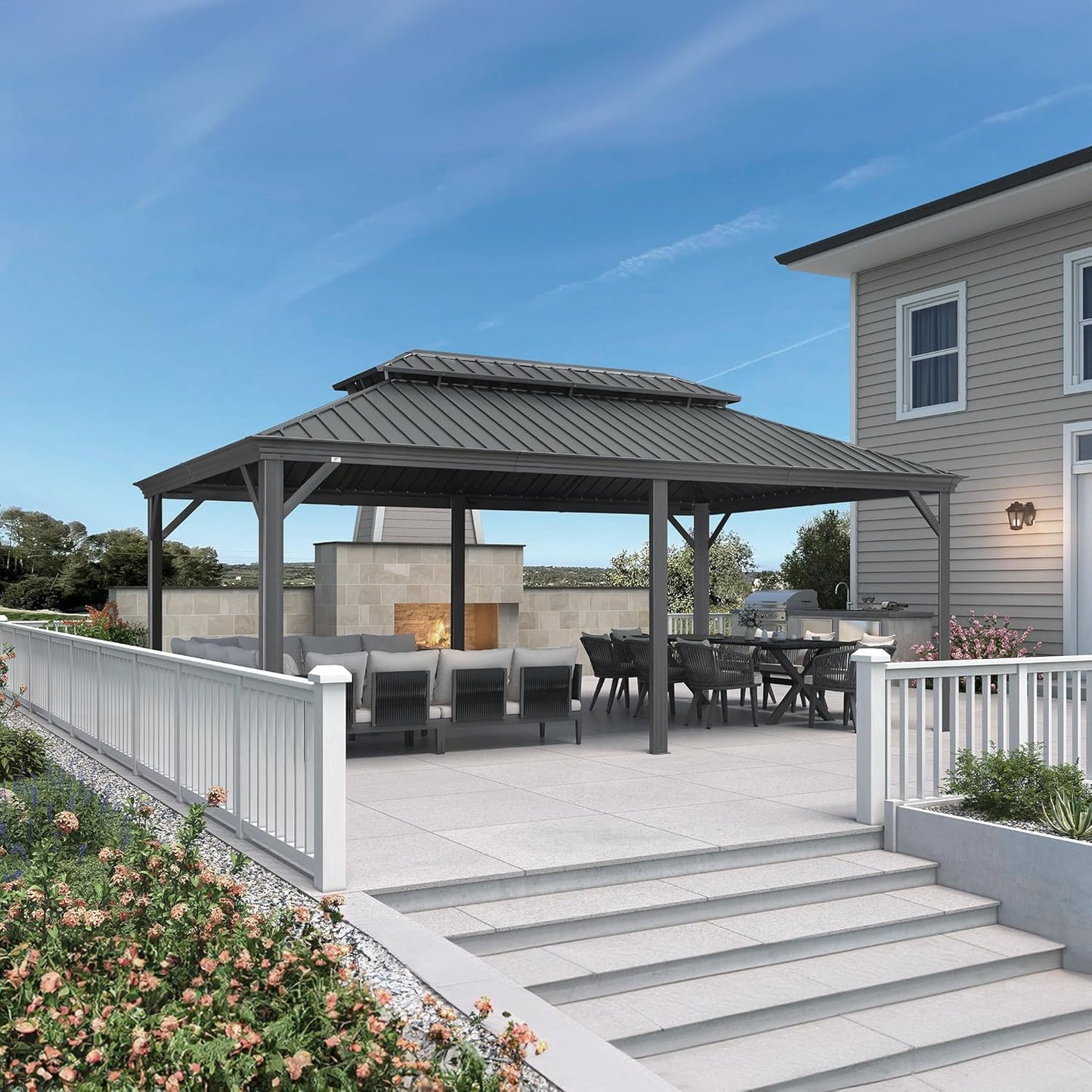 PURPLE LEAF 12' X 20' Permanent Hardtop Gazebo Aluminum Gazebo with Galvanized Steel Double Roof for Patio Lawn and Garden, Curtains and Netting Included, Grey