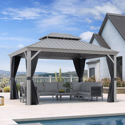 PURPLE LEAF 11' x 13' Permanent Hardtop Gazebo with Galvanized Steel Double Roof and Aluminum Frames Outdoor Large Pavilion Gazebo for Patio Deck Garden, Netting and Curtains Included, Light Grey