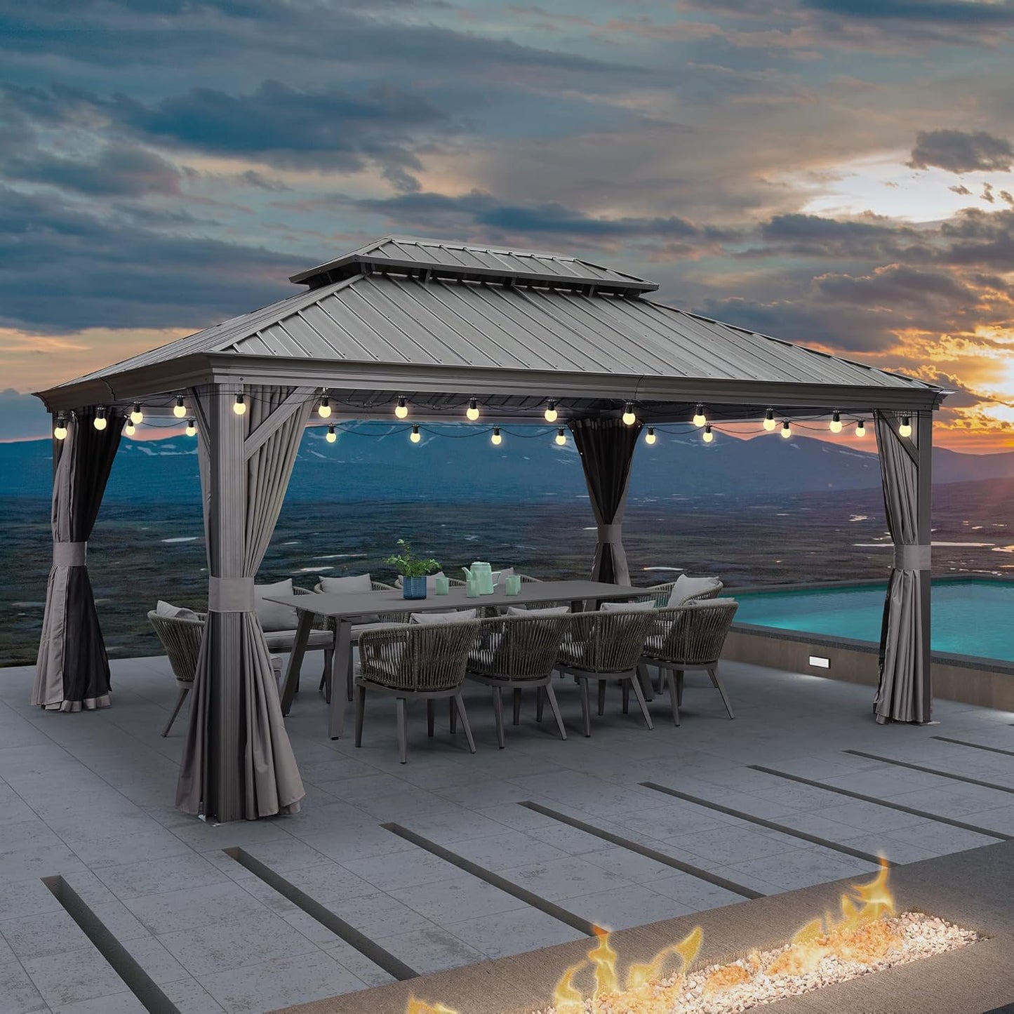 PURPLE LEAF 12' X 20' Permanent Hardtop Gazebo Aluminum Gazebo with Galvanized Steel Double Roof for Patio Lawn and Garden, Curtains and Netting Included, Grey