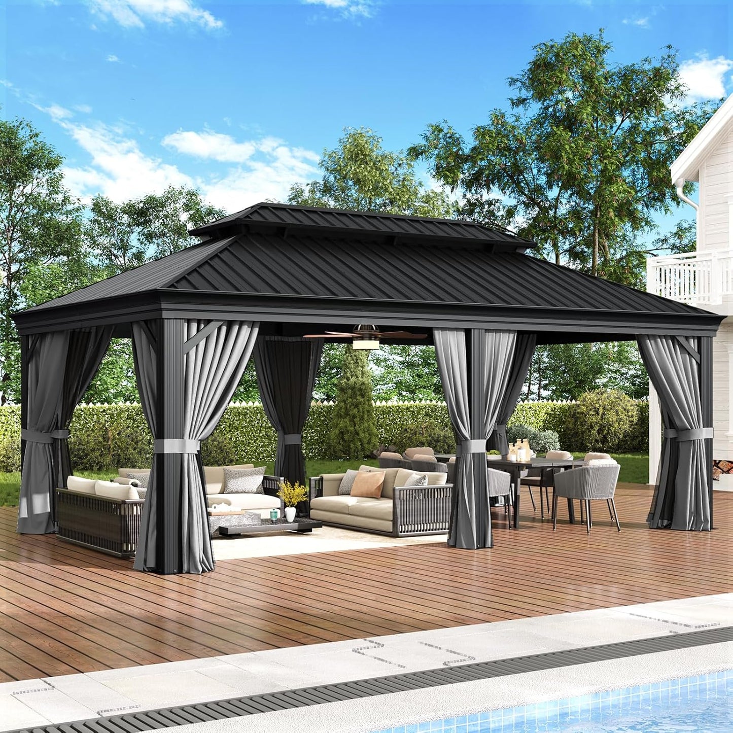 Aoxun Hardtop Gazebo 10x12, Aluminum Frame Canopy with Double Galvanized Steel Roof, Outdoor Gazebo with Breathable Netting and Privacy Curtain for Backyard