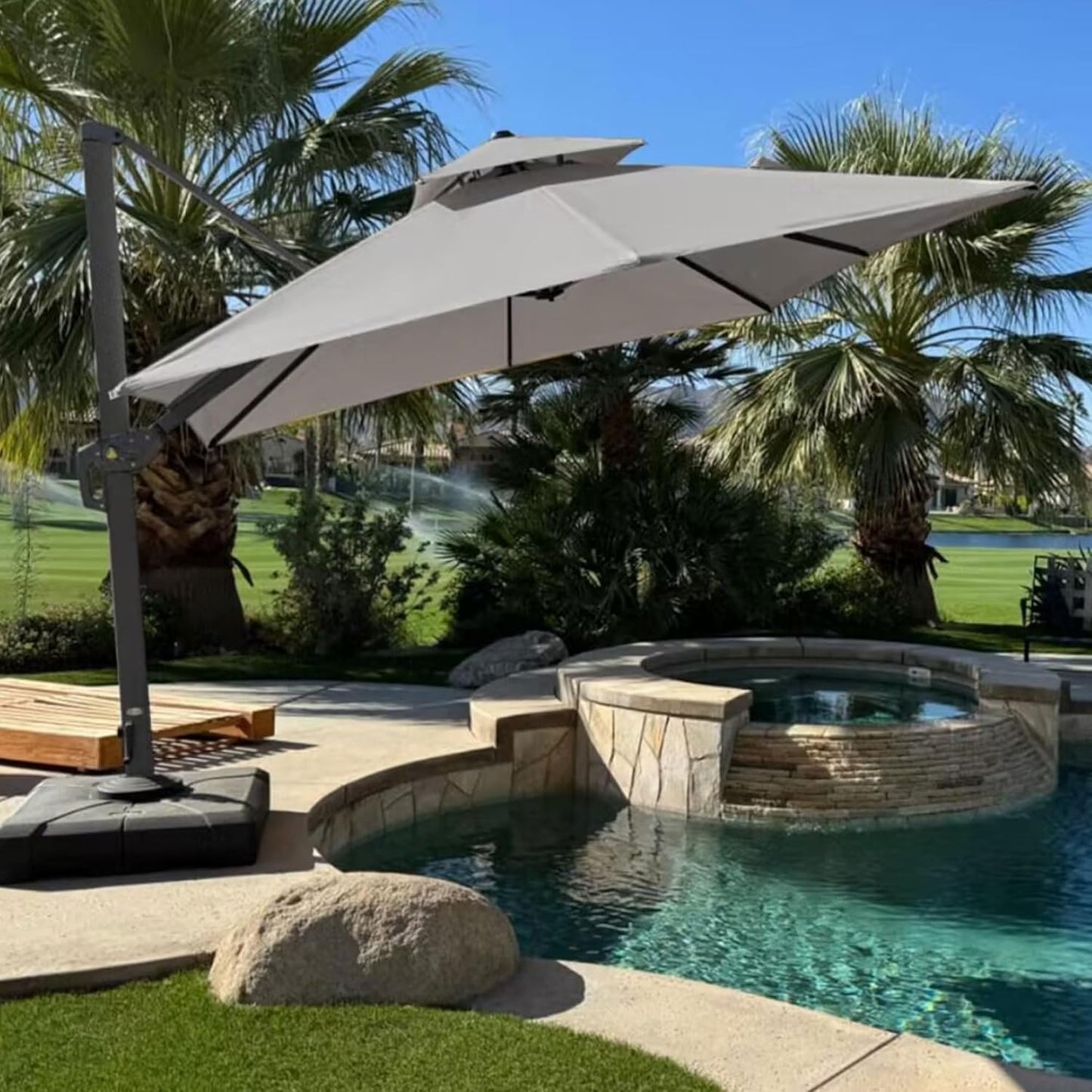 PURPLE LEAF 10' x 13' Cantilever Patio Umbrella Outdoor Umbrella with 330lbs Base Large Rectangular Windproof Offset Umbrella for Pool Deck Garden, Sand Dune