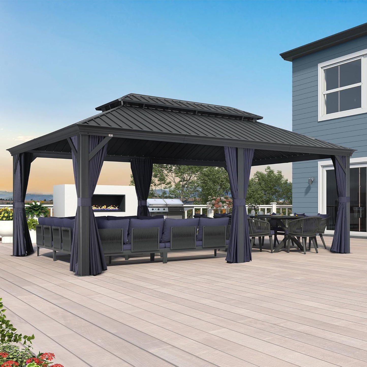 PURPLE LEAF 12' X 20' Permanent Hardtop Gazebo Aluminum Gazebo with Galvanized Steel Double Roof for Patio Lawn and Garden, Curtains and Netting Included, Grey