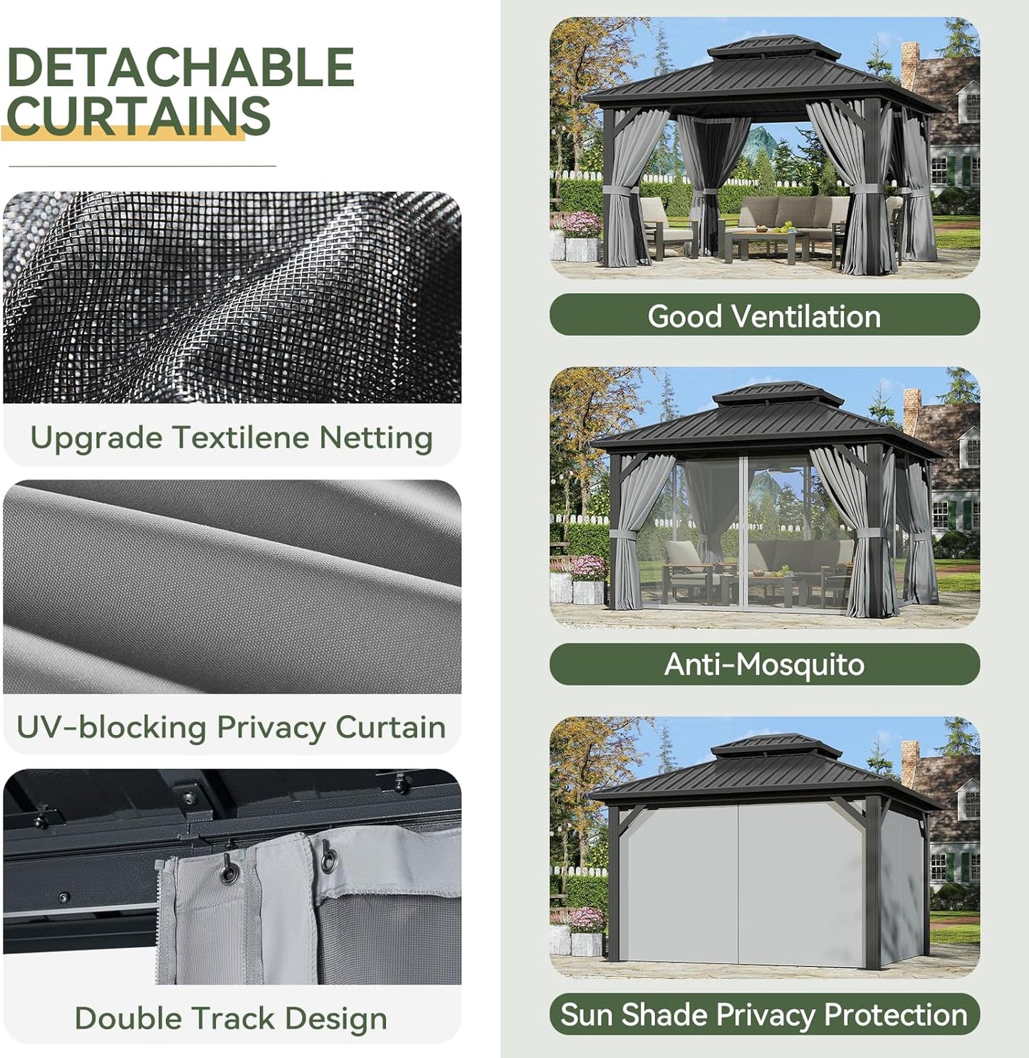 Aoxun 12'x10' Hardtop Gazebo, Aluminum Frame Permanent Pavilion with Curtains and Netting, Outdoor Galvanized Double Roof Canopy, Designed for Garden, Lawns, Patio (Black/Grey)