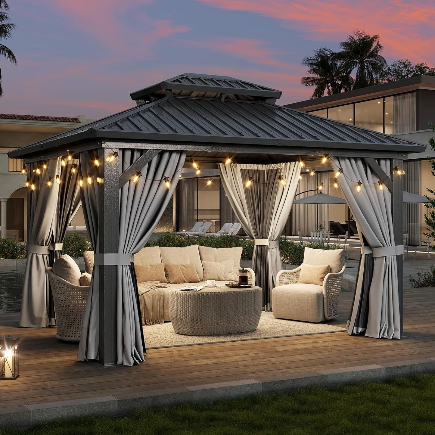Aoxun 12'x10' Hardtop Gazebo, Aluminum Frame Permanent Pavilion with Curtains and Netting, Outdoor Galvanized Double Roof Canopy, Designed for Garden, Lawns, Patio (Black/Grey)