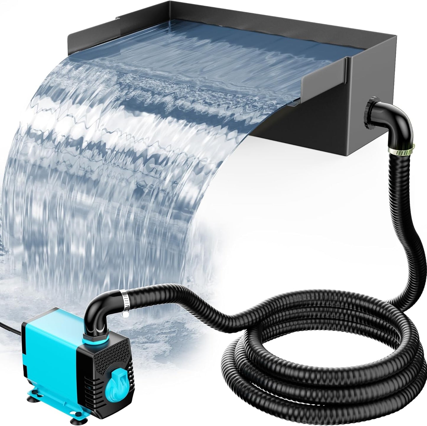 POPOSOAP 55W Solar Fountain Pump with Pond Waterfall Box, 304 Stainless Steel Pond Waterfall Spillway, Pond Spillway with 9.8FT PU Corrugated Tubing for Garden Waterfall,Water Features-P5552