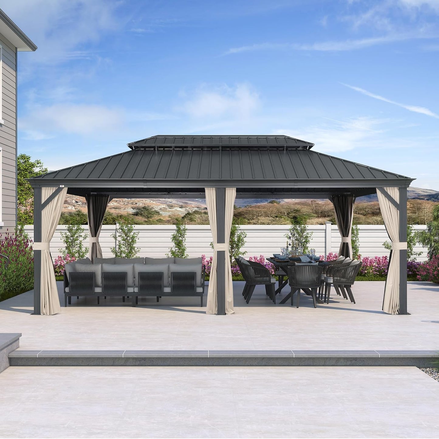 PURPLE LEAF 12' X 20' Permanent Hardtop Gazebo Aluminum Gazebo with Galvanized Steel Double Roof for Patio Lawn and Garden, Curtains and Netting Included, Grey