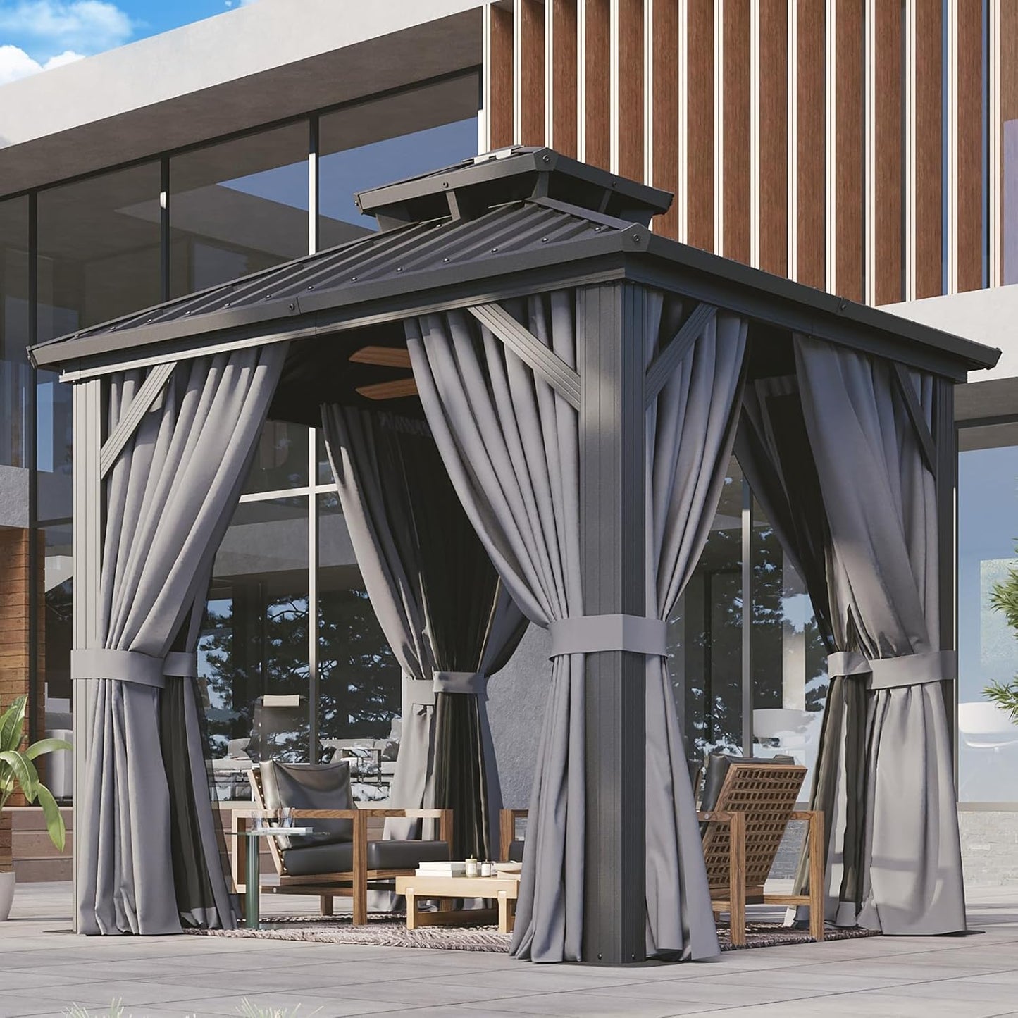 Aoxun Hardtop Gazebo 10x12, Aluminum Frame Canopy with Double Galvanized Steel Roof, Outdoor Gazebo with Breathable Netting and Privacy Curtain for Backyard