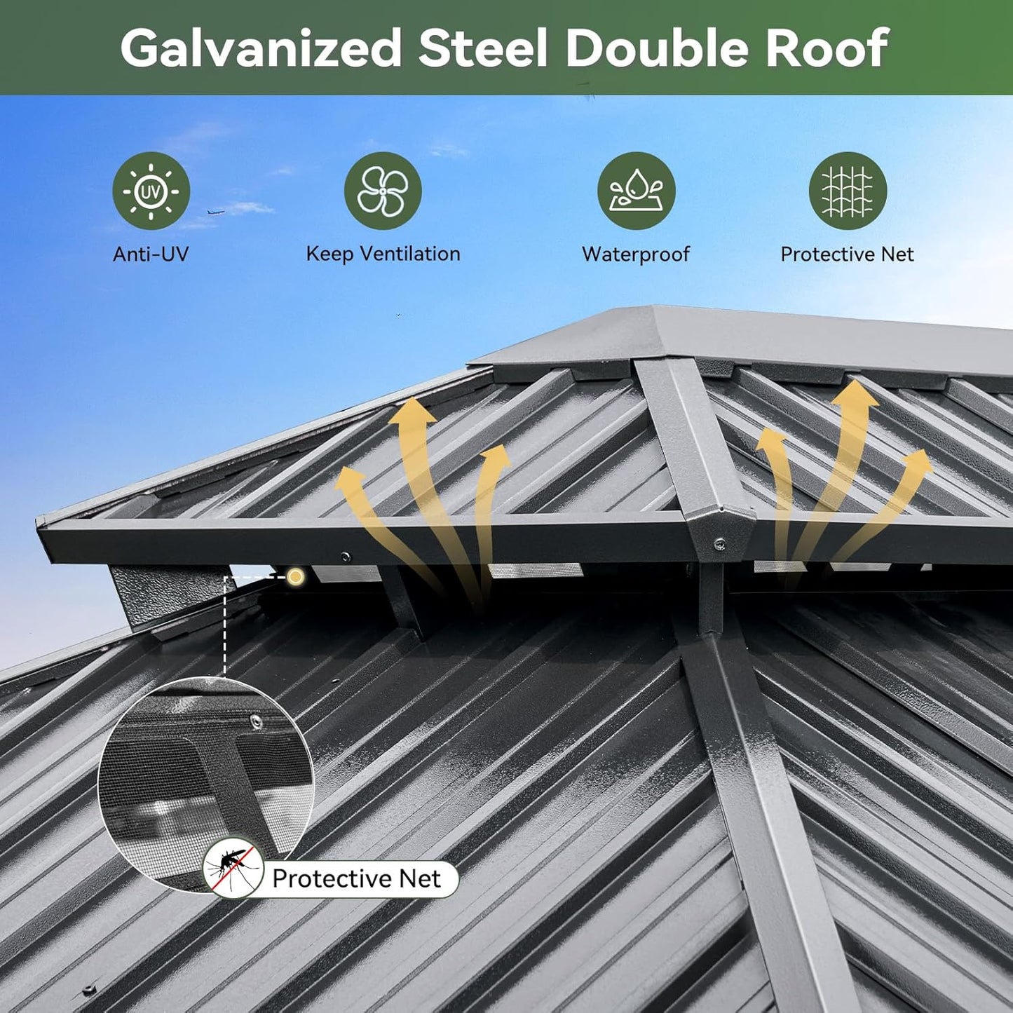 Aoxun 12'x10' Hardtop Gazebo, Aluminum Frame Permanent Pavilion with Curtains and Netting, Outdoor Galvanized Double Roof Canopy, Designed for Garden, Lawns, Patio (Black/Grey)