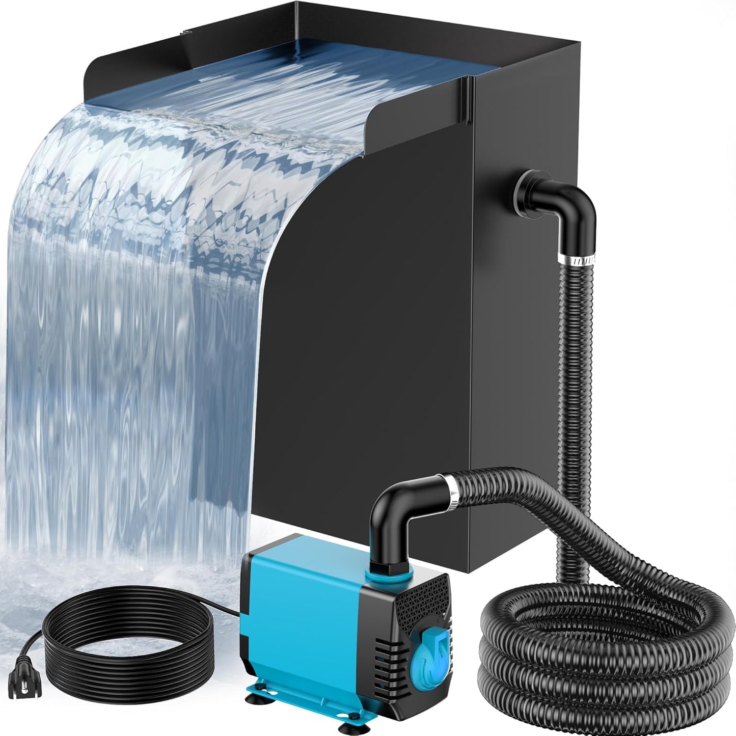 POPOSOAP 55W Solar Pond Waterfall Box with Fountain Pump, 304 Stainless Steel Pond Waterfall Spillway, Pond Spillway with 9.8FT PU Corrugated Tubing for Garden Waterfall,Water Features-P5552H
