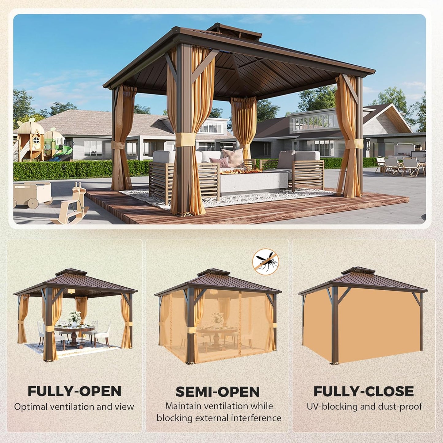 YOLENY 12' x 12' Gazebo Hardtop with Aluminum Frame,Galvanized Steel Double Roof Gazebos with Curtain and Netting,Outdoor Metal Pergolas for Garden, Lawn, Deck, Brown