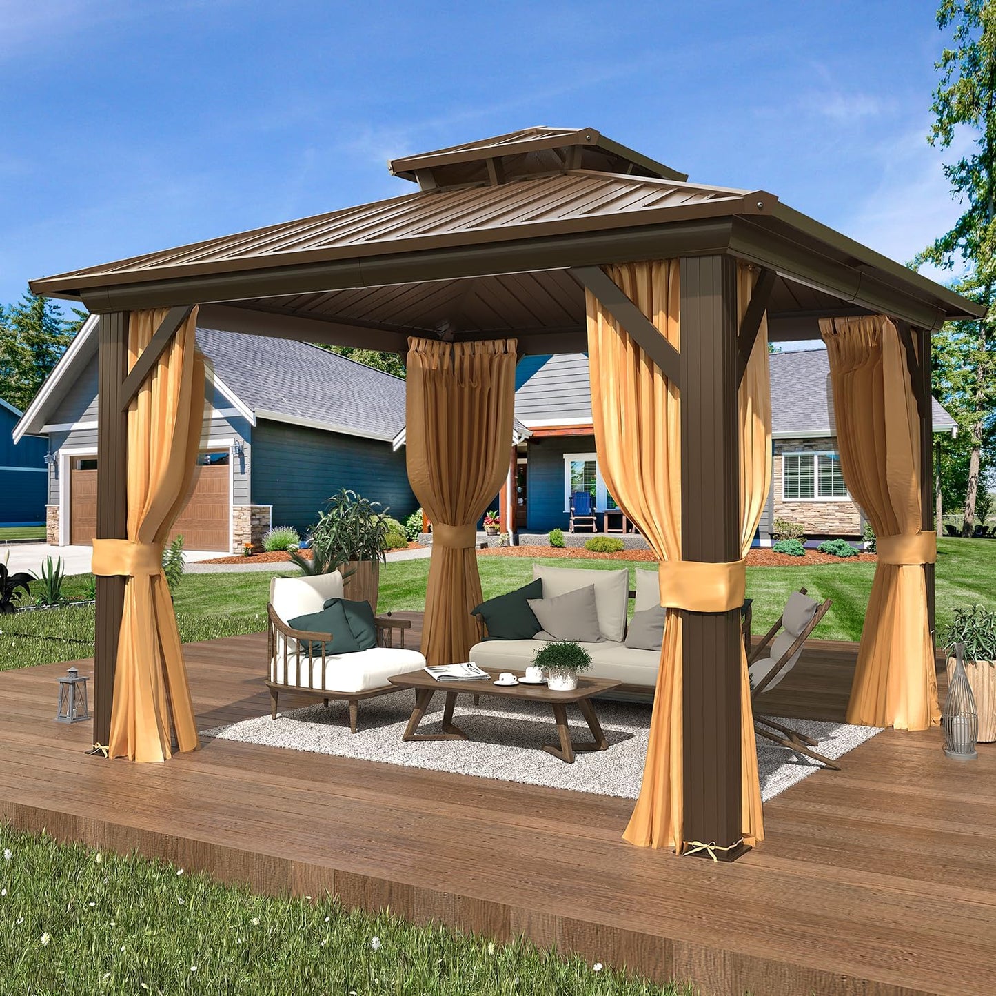 EROMMY 10' x 12' Hardtop Gazebo, Aluminum Frame Gazebos with Galvanized Steel Double Roof, Permanent Outdoor Metal Pavilion with Curtain and Netting for Patio, Lawn, Deck