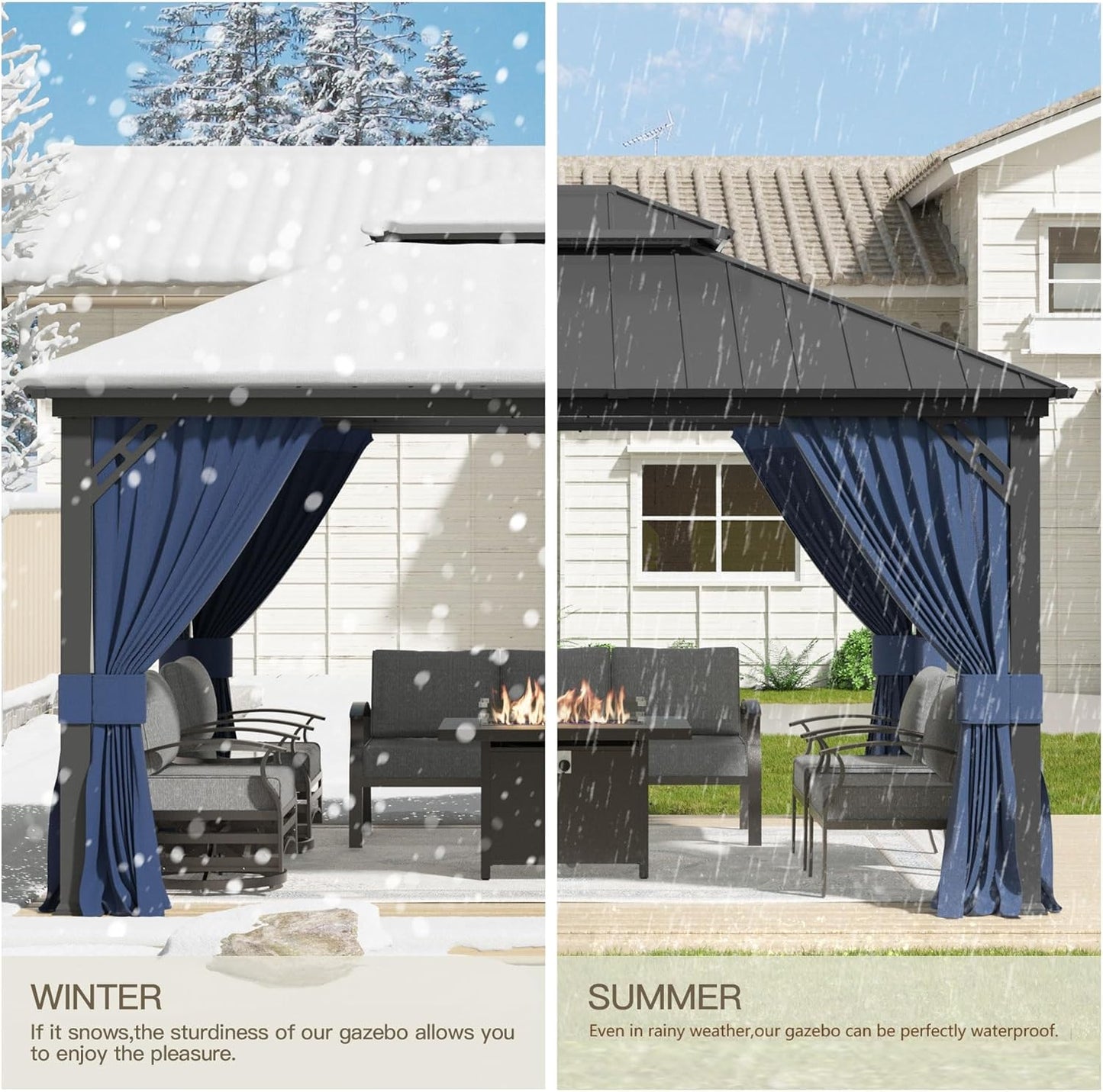 12'x14' Hardtop Gazebo,Double Roof, Outdoor Galvanized Steel Metal Gazebo with Curtains and Netting for Patios, Gardens, Lawns,NavyBlue