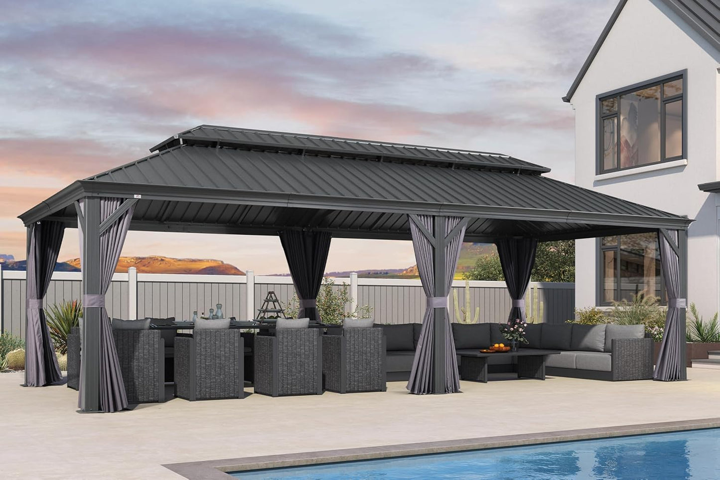 PURPLE LEAF 12' X 20' Permanent Hardtop Gazebo Aluminum Gazebo with Galvanized Steel Double Roof for Patio Lawn and Garden, Curtains and Netting Included, Grey