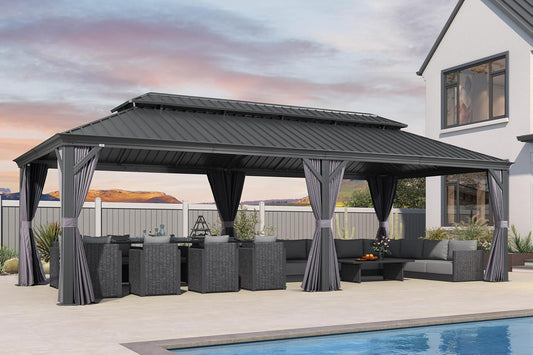 PURPLE LEAF 14' X 28' Outdoor Large Gazebo Permanent Hardtop Gazebo with Galvanized Steel Double Roof for Patio Lawn and Garden, Curtains and Netting Included Grey